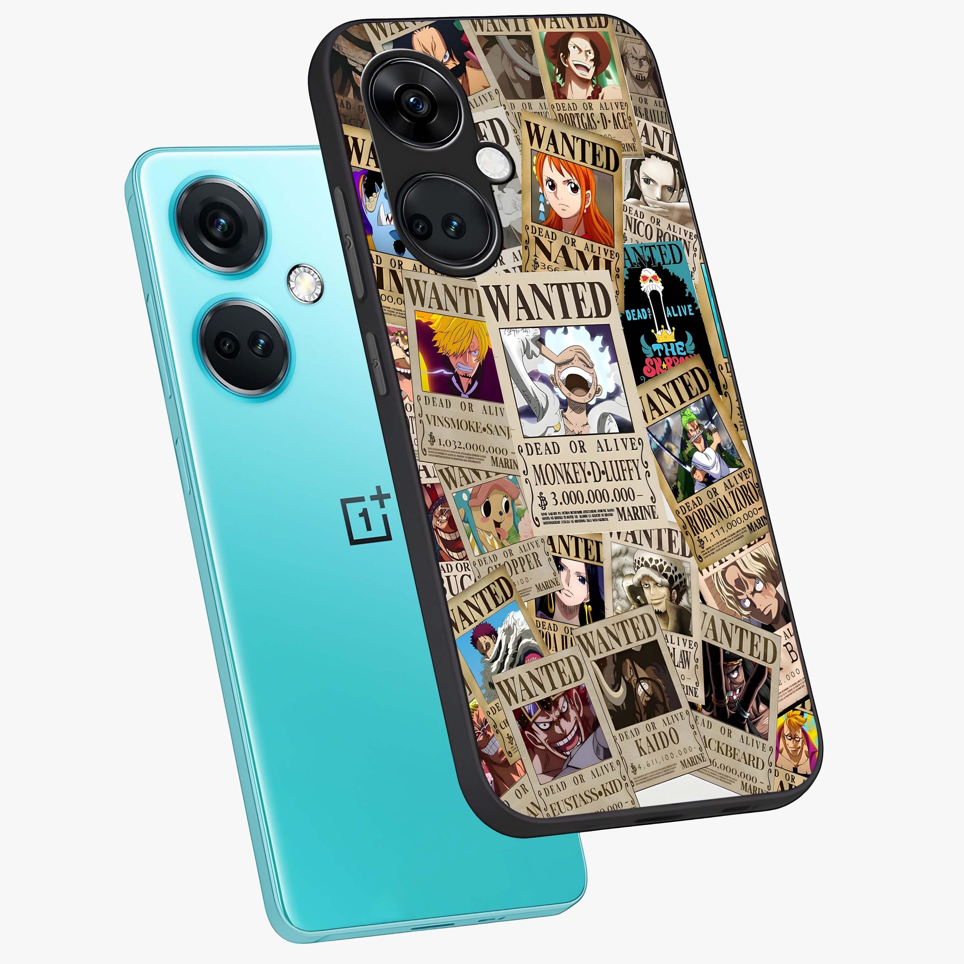 Pirate Wanted Legends Glass Case for 1+Nord CE 3 angled mockup showcasing glossy glass finish and dramatic vintage tones
