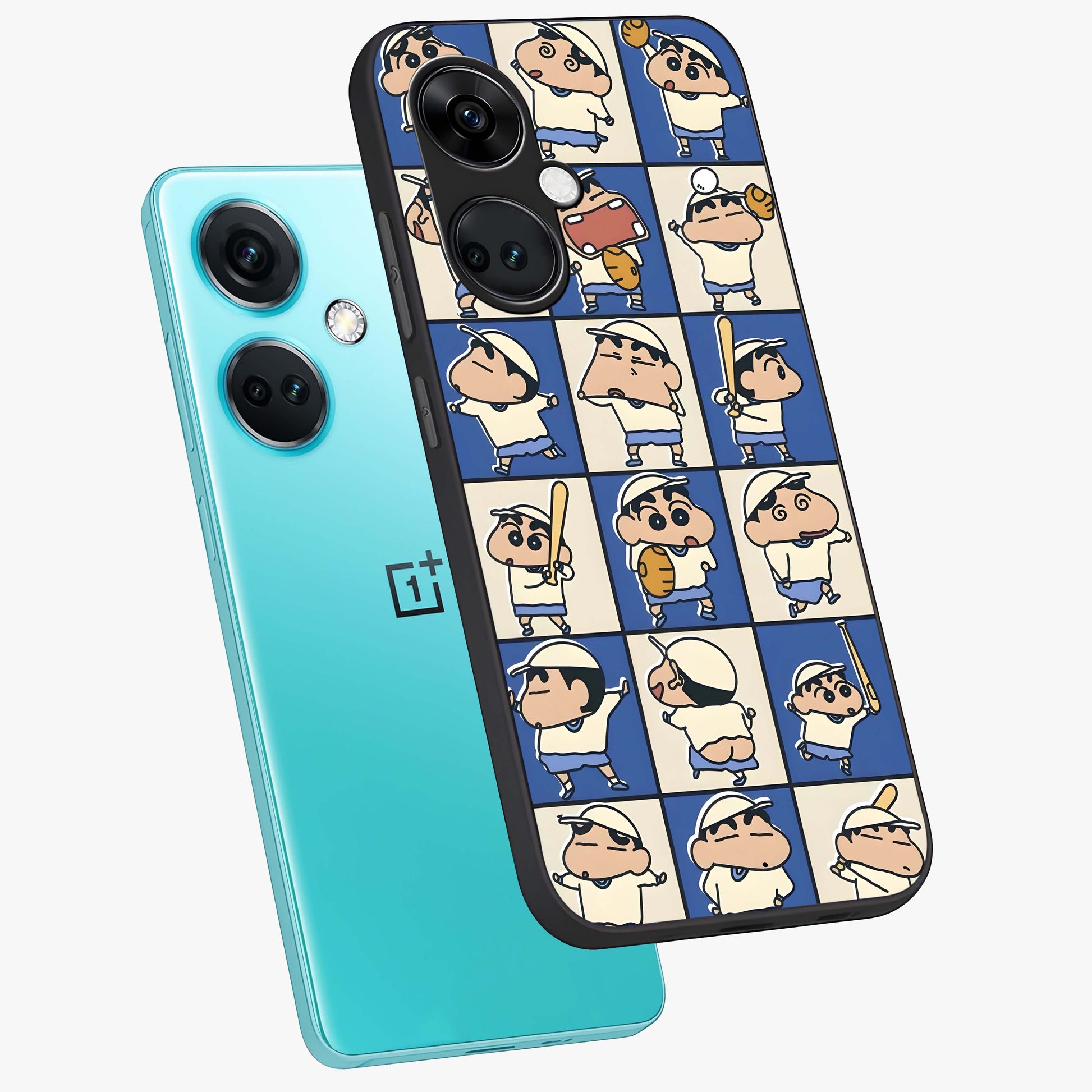 Playful Shin Swing Glass Case for 1+Nord CE 3 angled mockup showcasing glossy finish and vibrant cartoon detailing