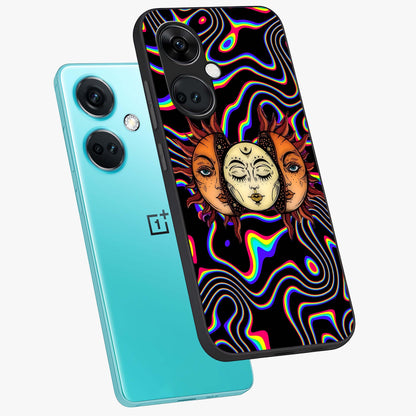 Psychedelic Sun Glass Case for 1+Nord CE 3 angled mockup showcasing glossy finish and bold abstract detailing