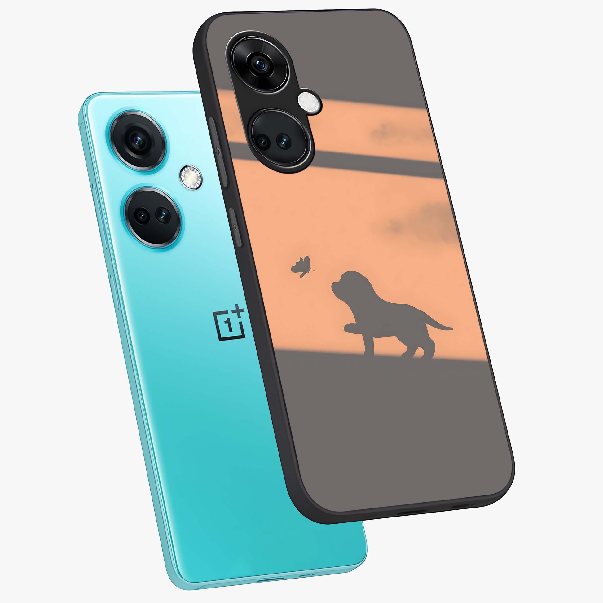 Puppy Shadow Art Glass Case for 1+Nord CE 3 angled mockup showcasing glossy finish and soft shadow detailing