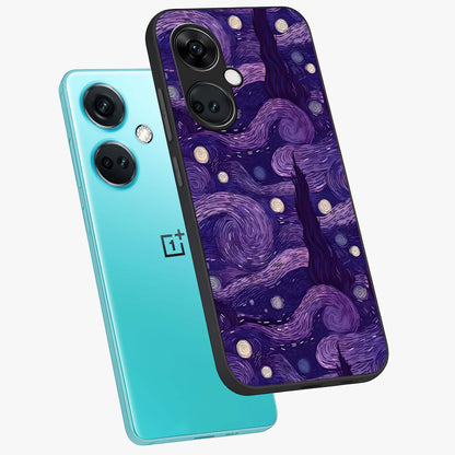 Purple Swirls Glass Case for 1+Nord Ce 3 angled mockup showcasing glossy finish and smooth gradient detailing