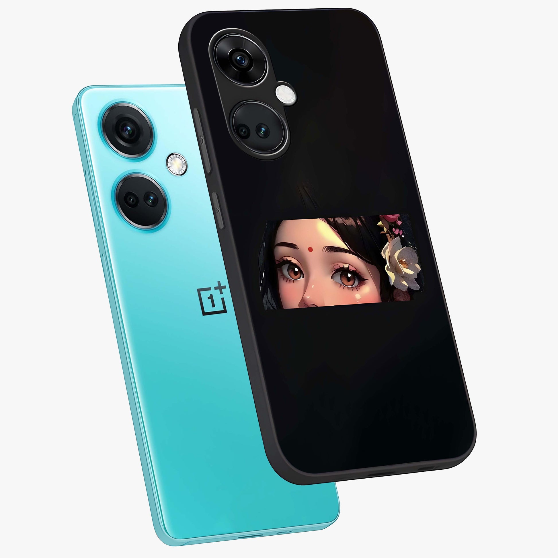 Radha Divine Embrace Glass Case for 1+Nord Ce 3 angled mockup showcasing glossy glass finish and vibrant spiritual tones