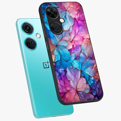 Radiant Floral Whirl Glass Case for 1+Nord Ce 3 angled mockup showcasing glossy finish and dynamic bloom tones