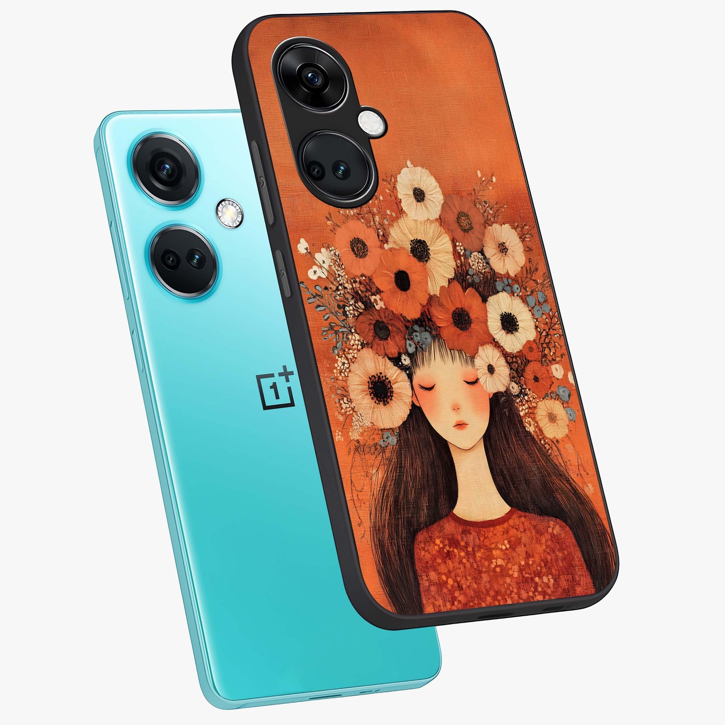 Radiant Flower Thoughts Glass Case for 1+Nord Ce 3 angled mockup showcasing glossy finish and pastel bloom detailing