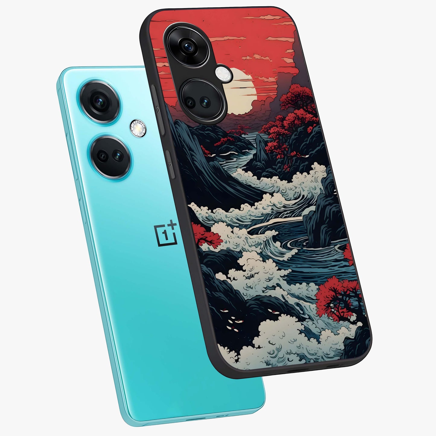 Red Sunset Scenery Glass Case for 1+Nord Ce 3 angled mockup showcasing glossy finish and rich crimson tones