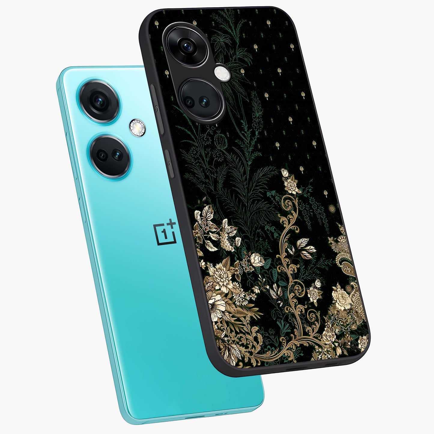 Regal Botanical Tapestry Glass Case for 1+Nord CE 3 angled mockup showcasing glossy finish and rich heritage tones