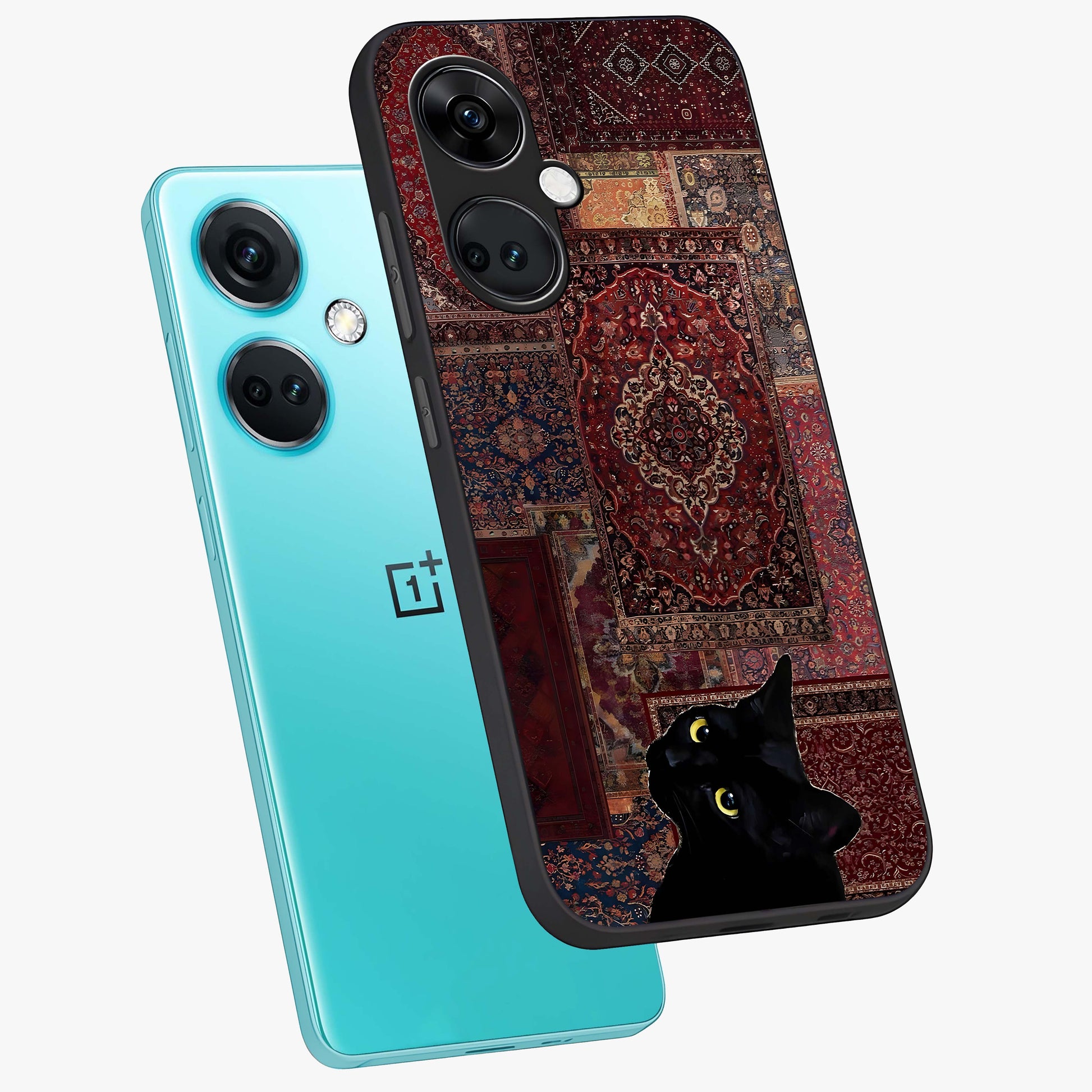 Regal Magic Cat Apple Glass Case for 1+Nord Ce 3 angled mockup showcasing glossy finish and vibrant illustration detailing