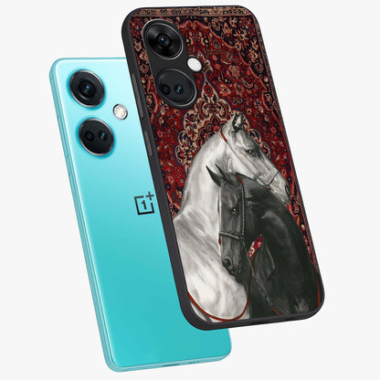 Regal Stallion Tapestry Glass Case for 1+Nord CE 3 angled mockup showcasing glossy finish and rich ornamental tones