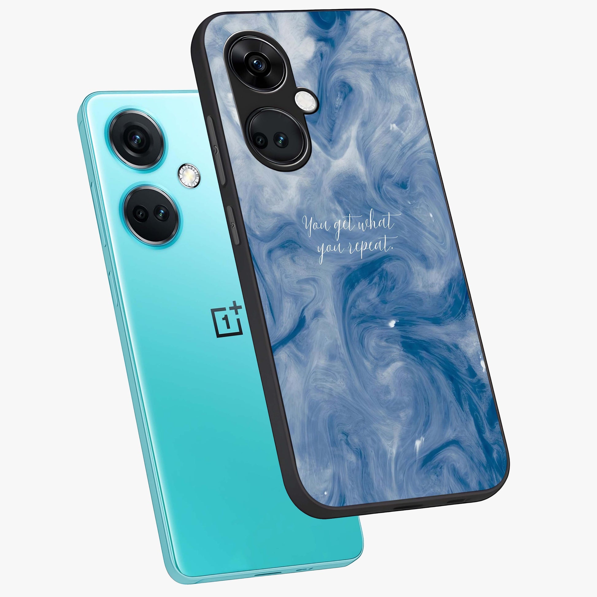 Repeat Your Destiny Glass Case for 1+Nord CE 3 angled mockup showcasing glossy finish and clean modern detailing