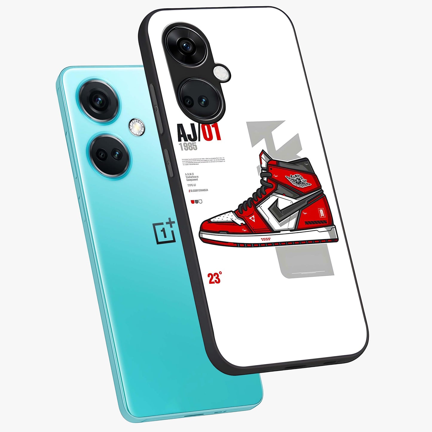 Retro Sneaker Blueprint Glass Case for 1+Nord CE 3 angled mockup showcasing glossy finish and sporty retro detailing