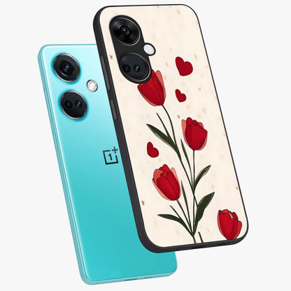Romantic Tulip Hearts Glass Case for 1+Nord CE 3 angled mockup showcasing glossy glass finish and soft romantic tones