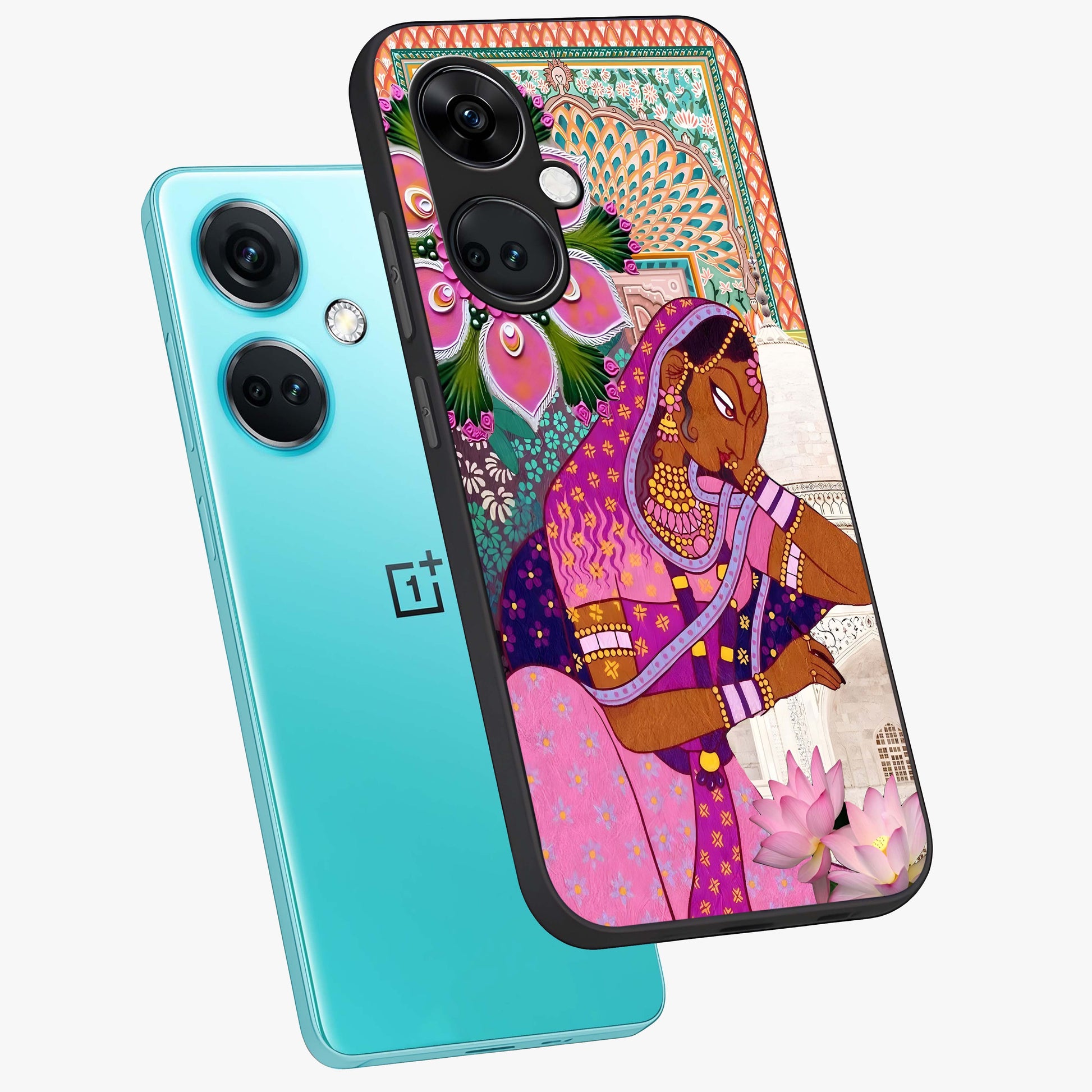 Royal Lotus Muse Glass Case for 1+Nord CE 3 angled mockup showcasing glossy finish and refined floral tones