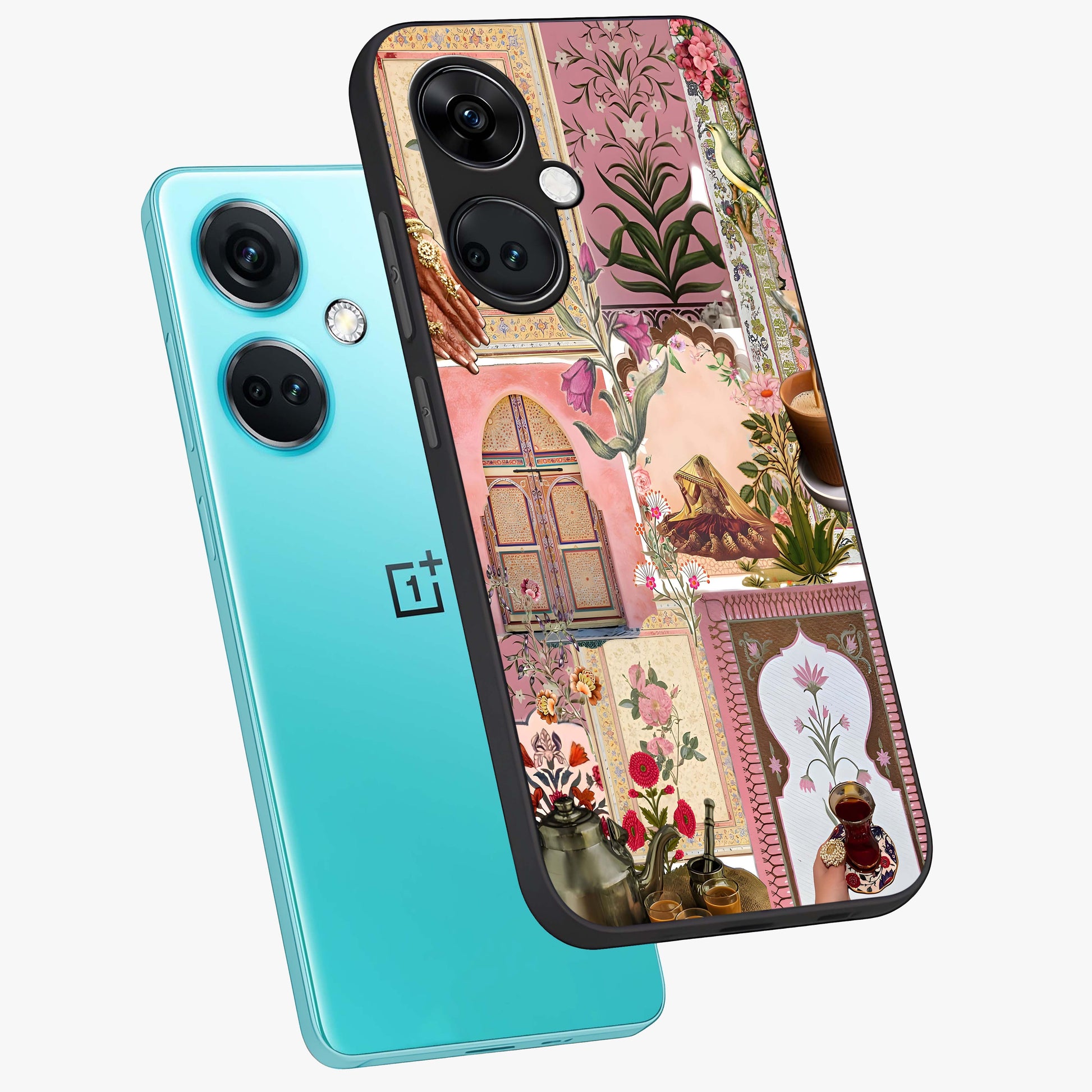 Royal Pink Legacy Glass Case for 1+Nord Ce 3 angled mockup showcasing glossy finish and refined pastel tones