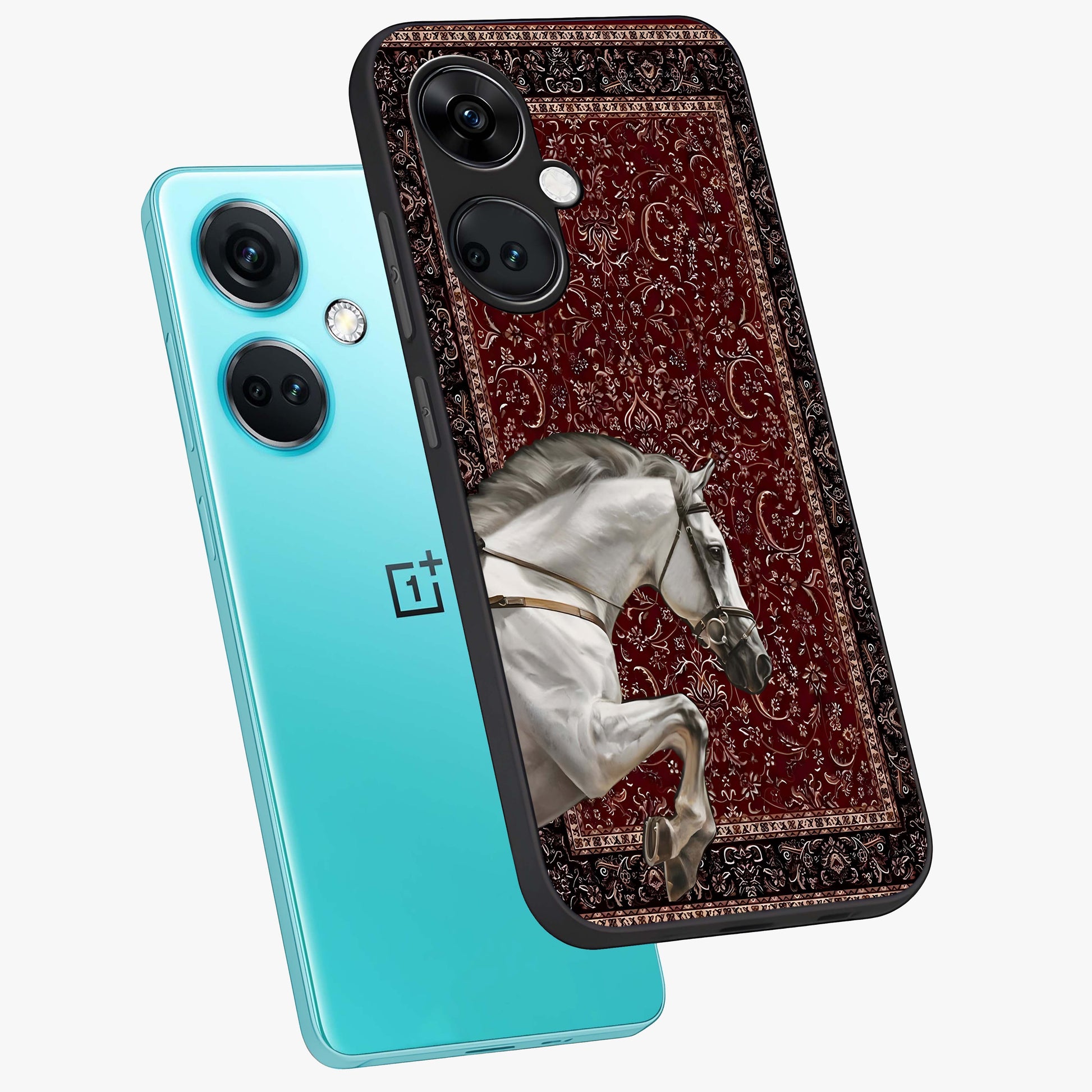Royal Rider Tapestry Glass Case for 1+Nord Ce 3 angled mockup showcasing glossy finish and heritage inspired detailing