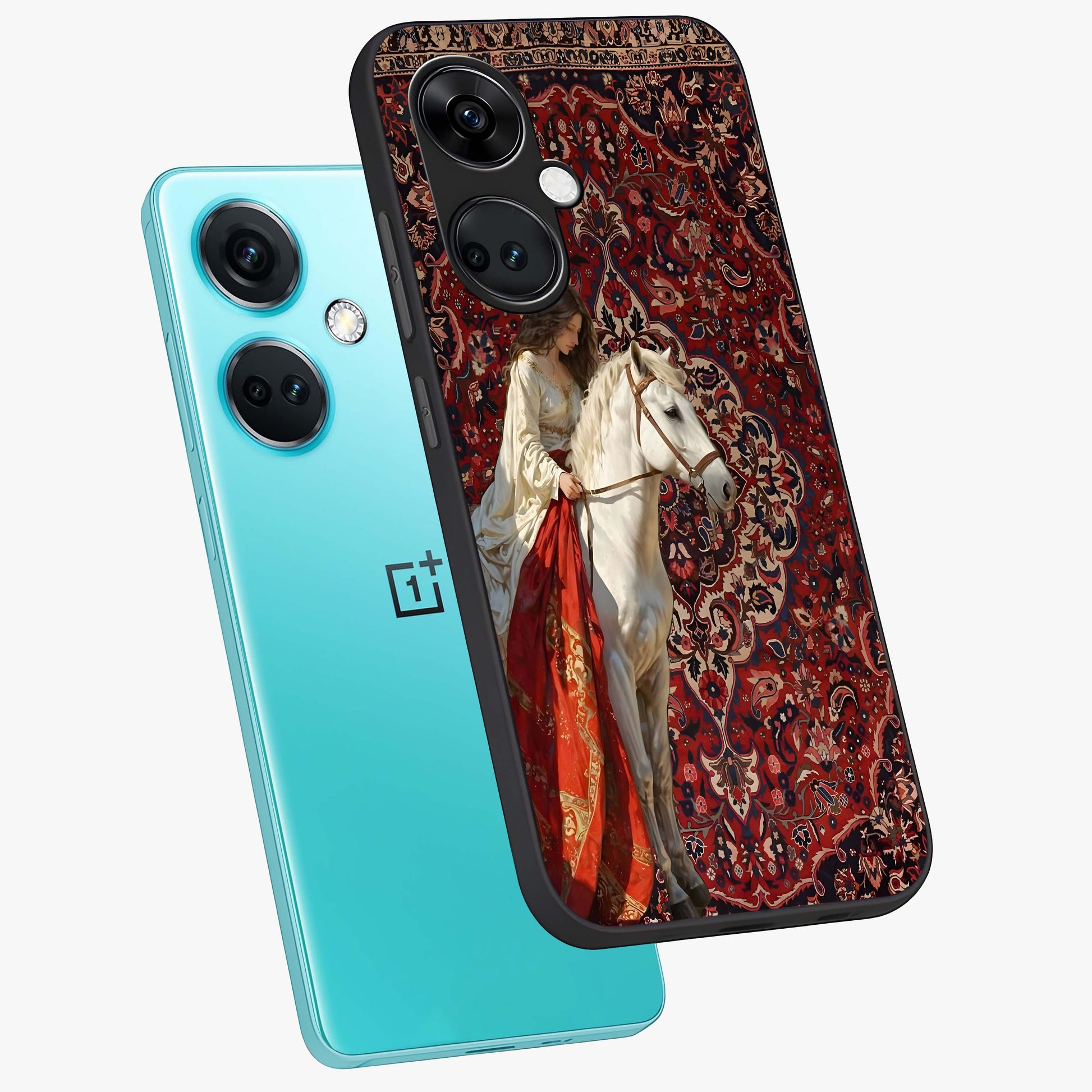 Royal Ride Rug Glass Case for 1+Nord Ce 3 angled mockup showcasing glossy finish and rich ornamental tones