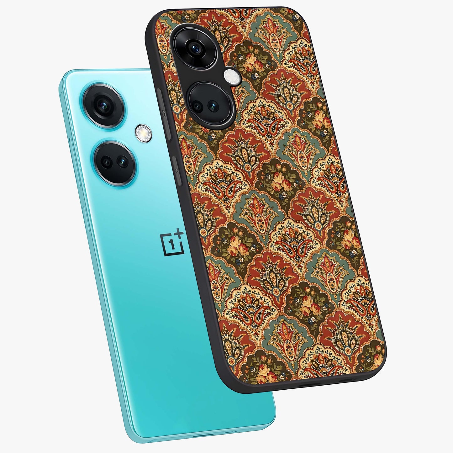 Royal Threadwork Glass Case for 1+Nord Ce 3 angled mockup showcasing glossy finish and rich decorative tones