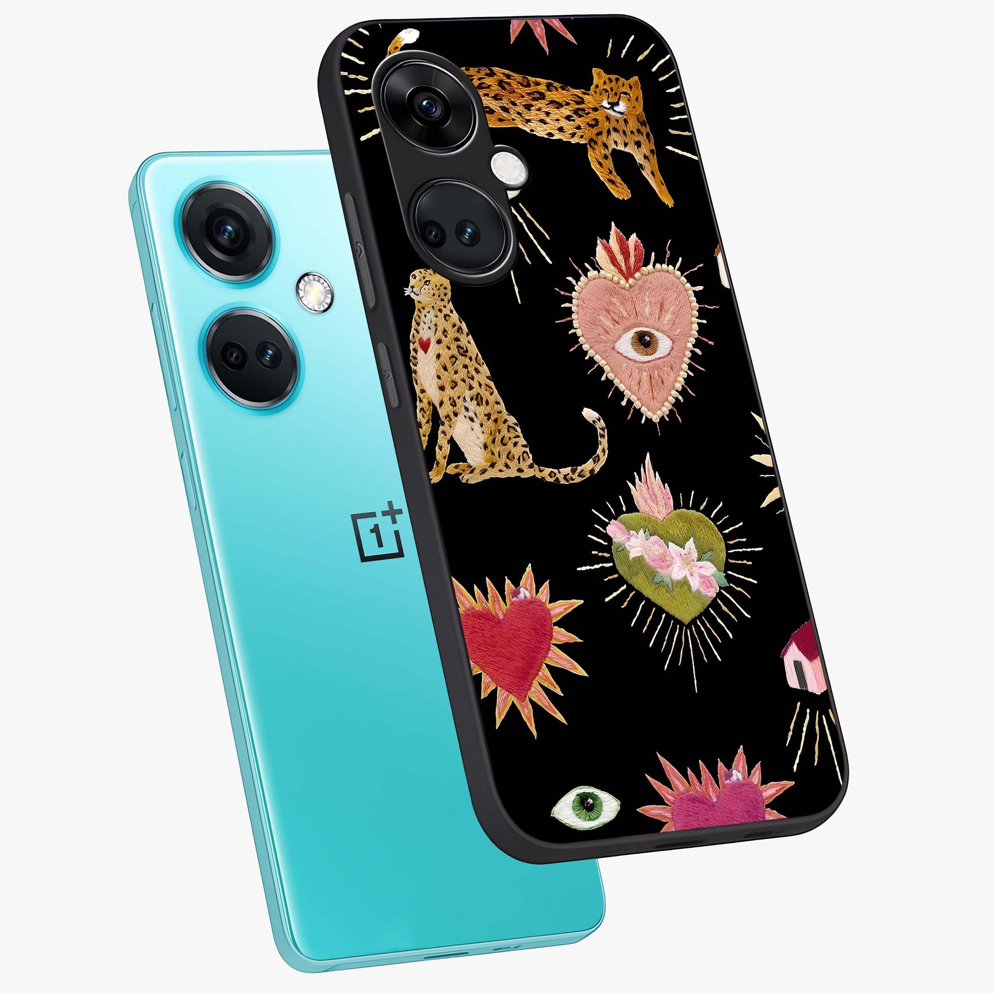 Sacred Jungle Heart Glass Case for 1+Nord Ce 3 angled mockup showcasing glossy finish and rich green tones