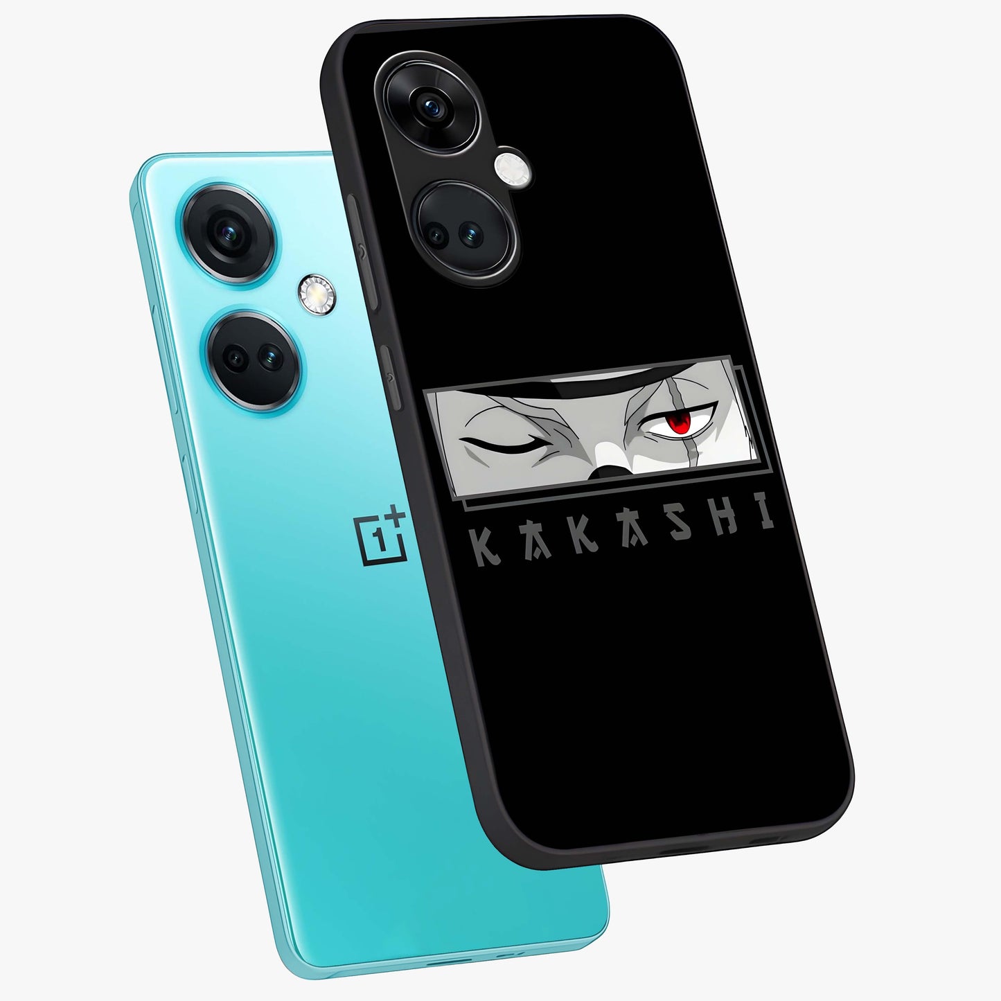 Scarlet Ninja Gaze Glass Case for 1+Nord Ce 3 angled mockup showcasing glossy finish and sharp warrior detailing