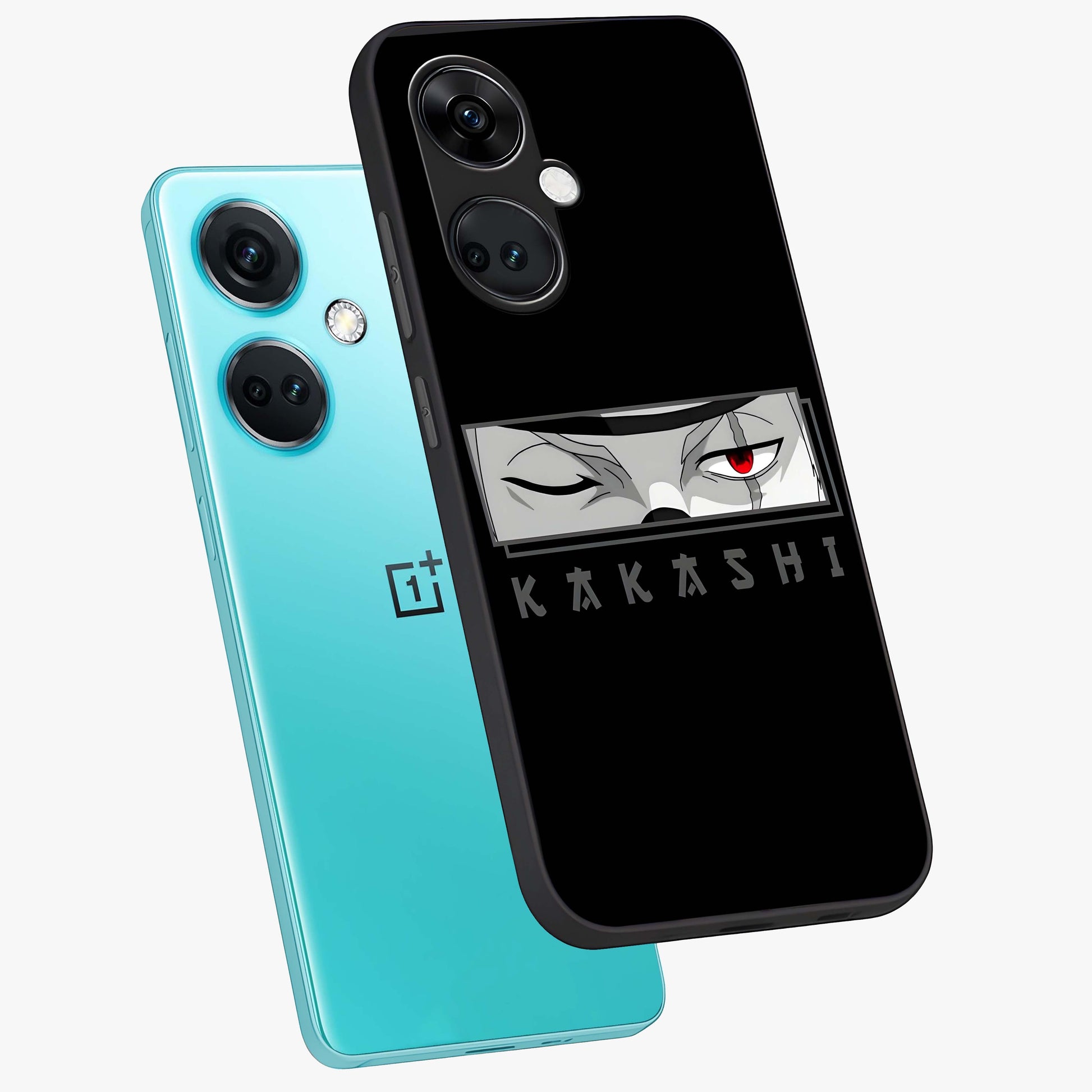 Scarlet Ninja Gaze Glass Case for 1+Nord Ce 3 angled mockup showcasing glossy finish and sharp warrior detailing