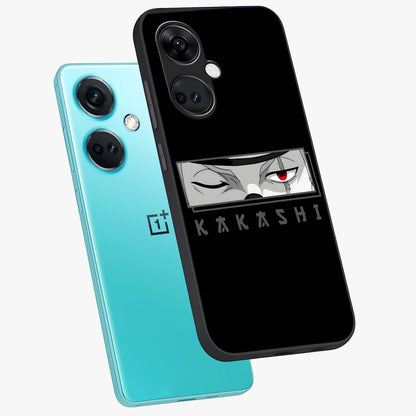 Scarlet Ninja Gaze Glass Case for 1+Nord Ce 3 angled mockup showcasing glossy finish and sharp warrior detailing