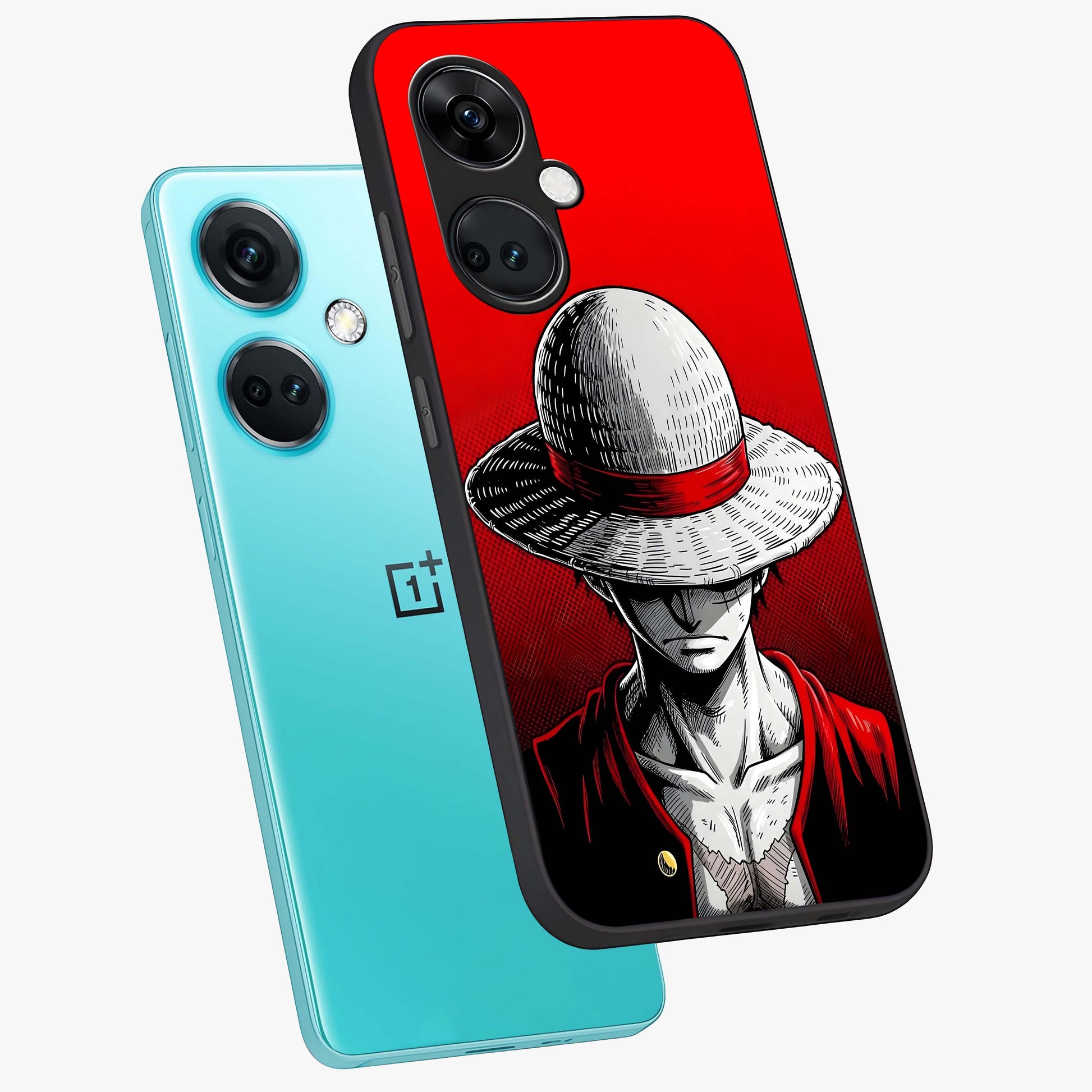 Scarlet Pirate Resolve Glass Case for 1+Nord CE 3 angled mockup showcasing glossy finish and dramatic adventurous tones