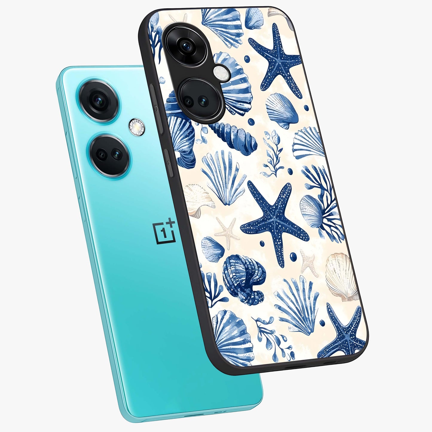 Seaside Starfish Magic Glass Case for 1+Nord CE 3 angled mockup showcasing glossy finish and coastal pastel detailing