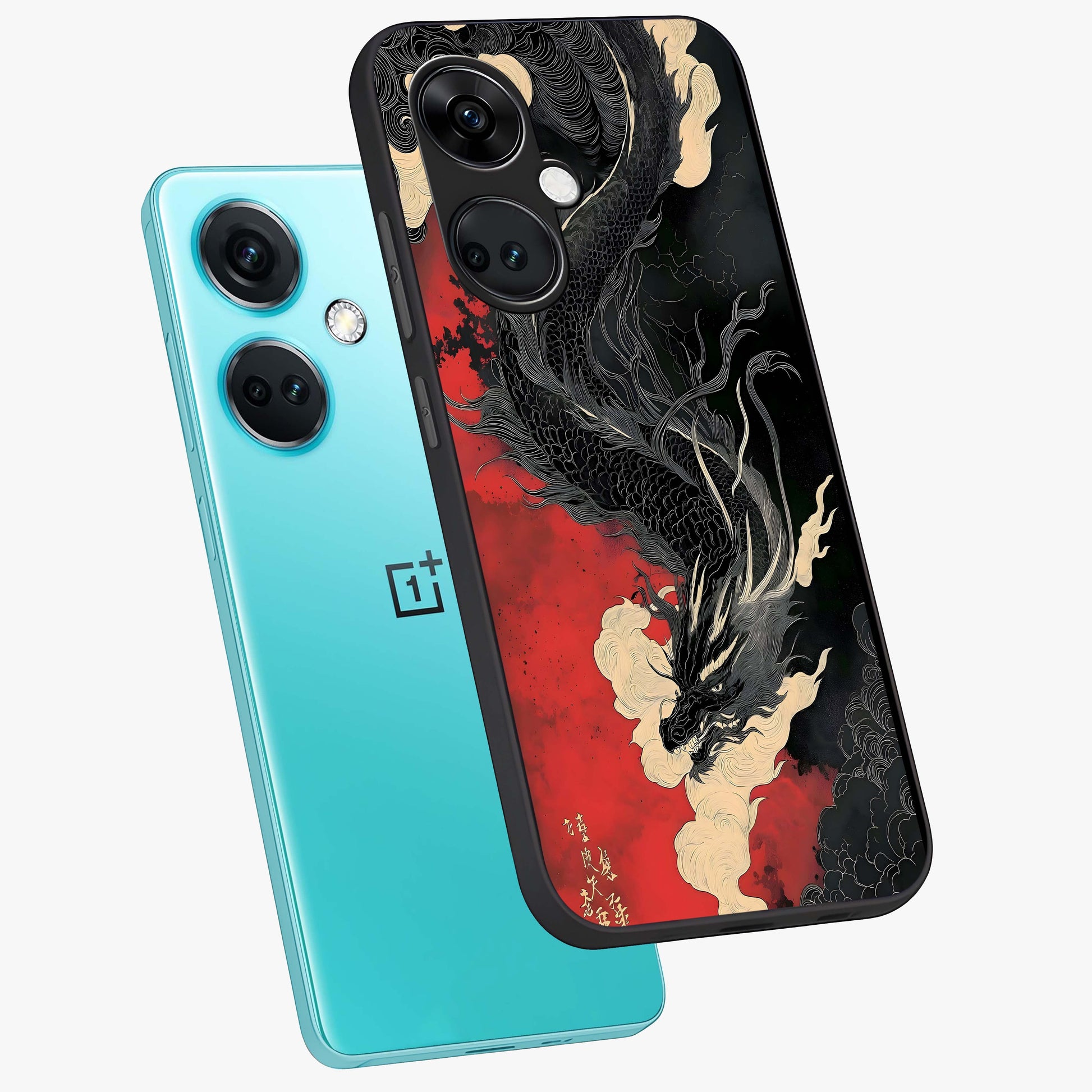 Shadow Dragon Fury Glass Case for 1+Nord CE 3 angled mockup showcasing glossy finish and powerful fantasy detailing