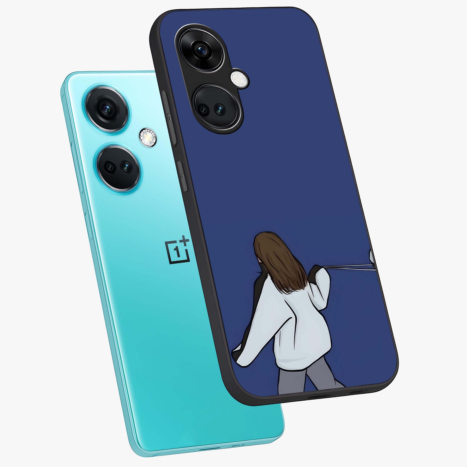 Silent Distance Love Glass Case for 1+Nord Ce 3 angled mockup showcasing glossy glass finish and subtle aesthetic detailing