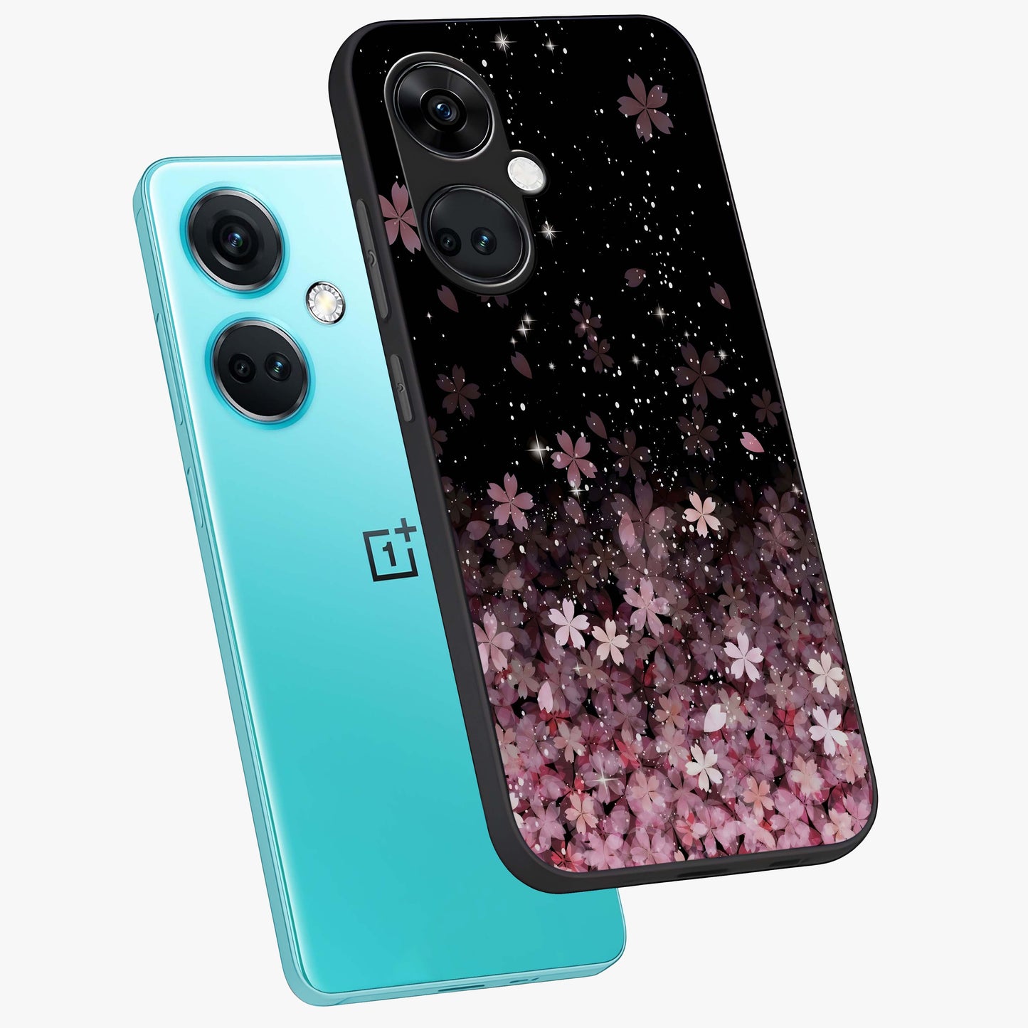 Small Starry Flowers Glass Case for 1+Nord CE 3 angled mockup showcasing glossy finish and soft pastel tones