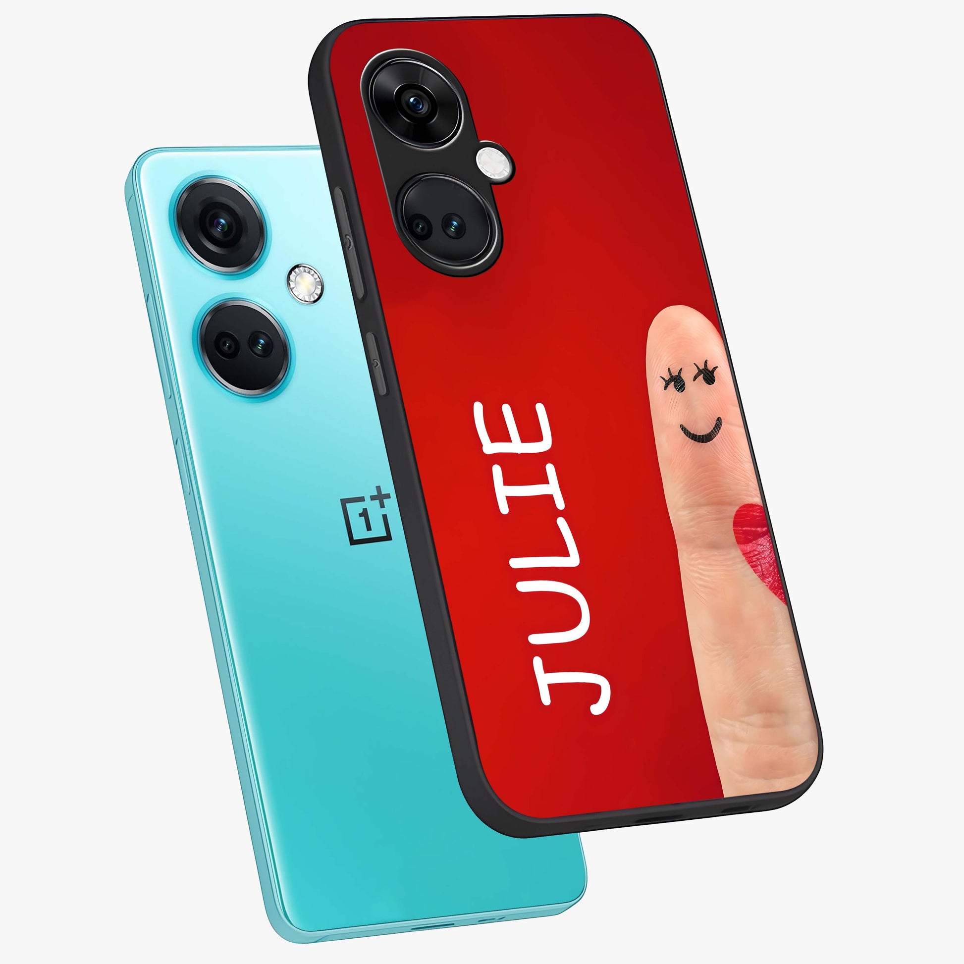 Smiling Love Sign Glass Case for 1+Nord Ce 3 angled mockup showcasing glossy finish and vibrant heart detailing