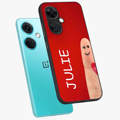 Smiling Love Sign Glass Case for 1+Nord Ce 3 angled mockup showcasing glossy finish and vibrant heart detailing