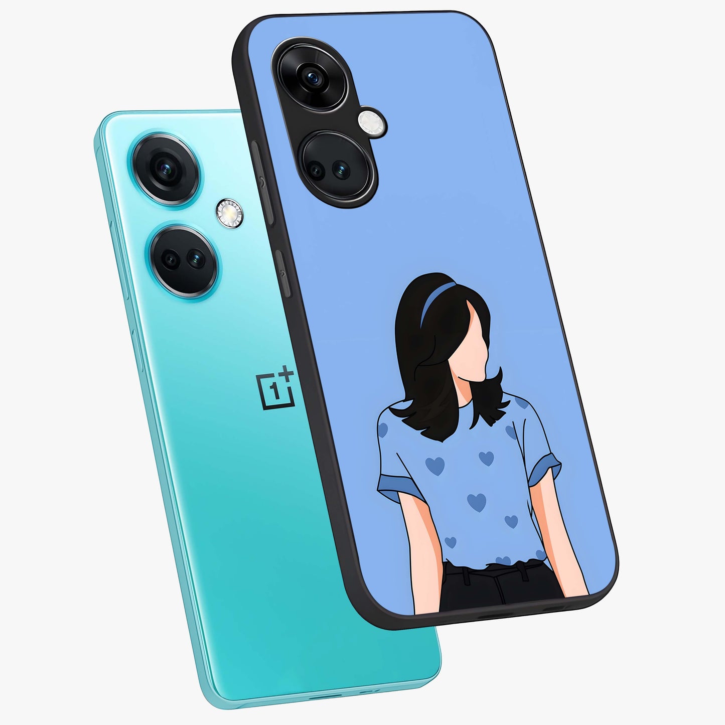 Soft Hearts Girl Glass Case for 1+Nord Ce 3 angled mockup showcasing glossy finish and pastel romantic tones