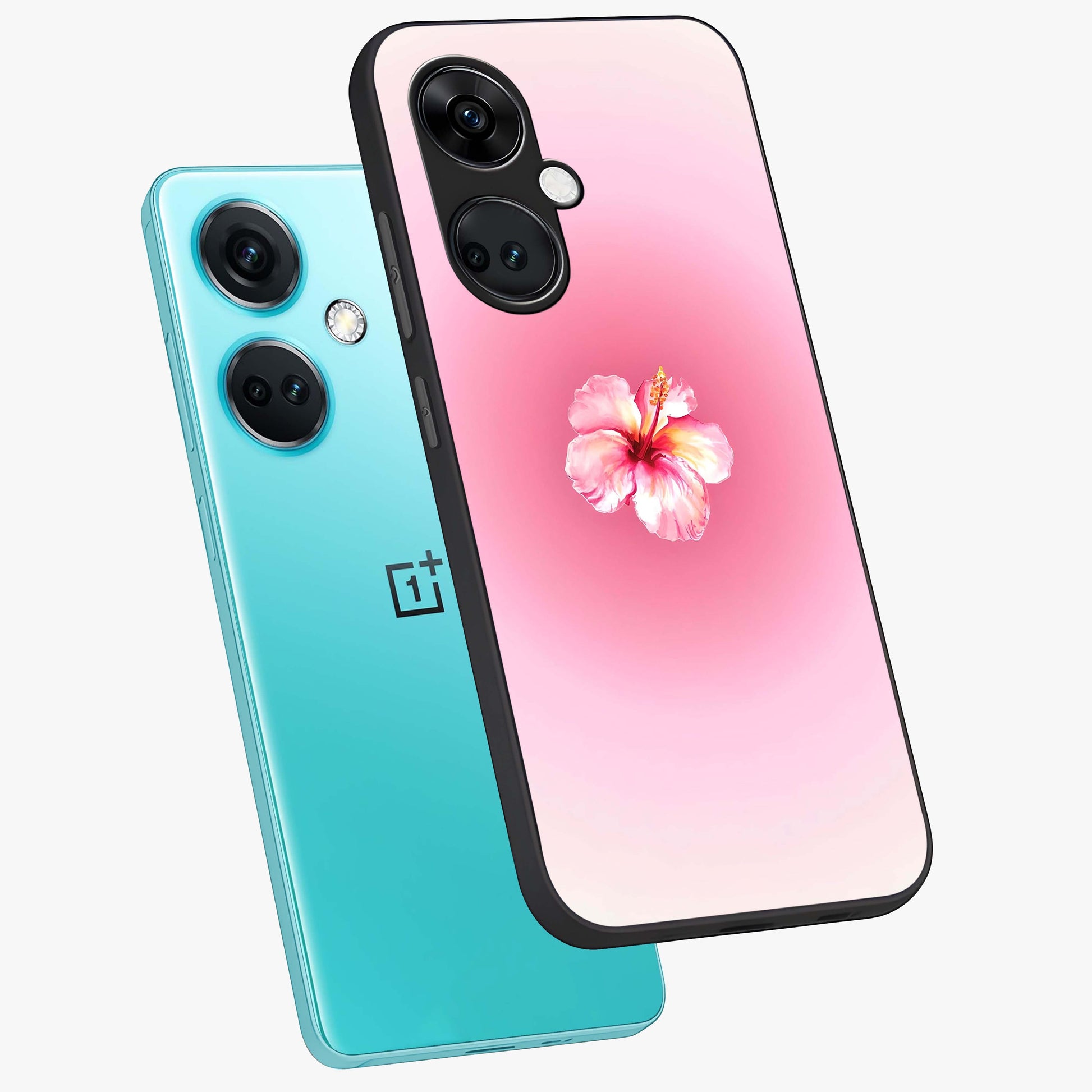 Soft Petal Serenity Glass Case for 1+Nord CE 3 angled mockup showcasing glossy finish and calming bloom detailing