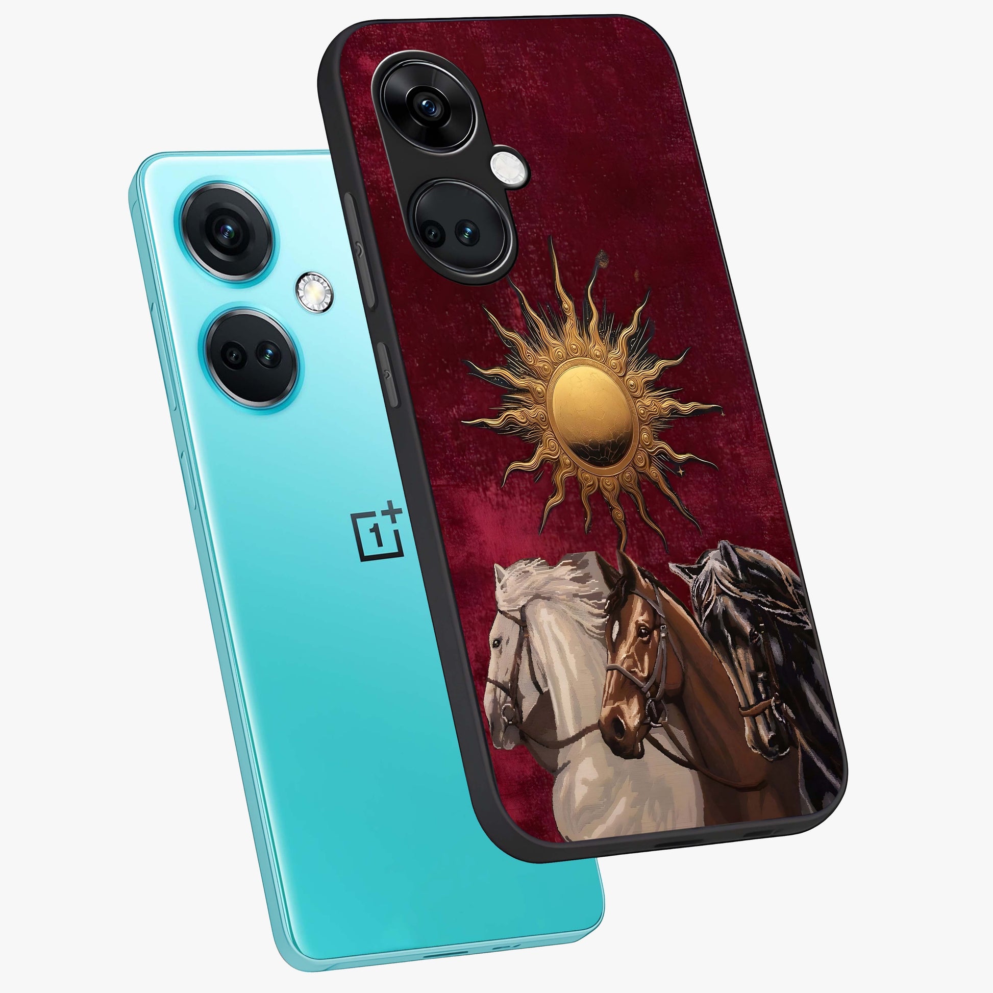 Solar Riders Glass Case for 1+Nord Ce 3 angled mockup showcasing glossy finish and vibrant sunset gradients