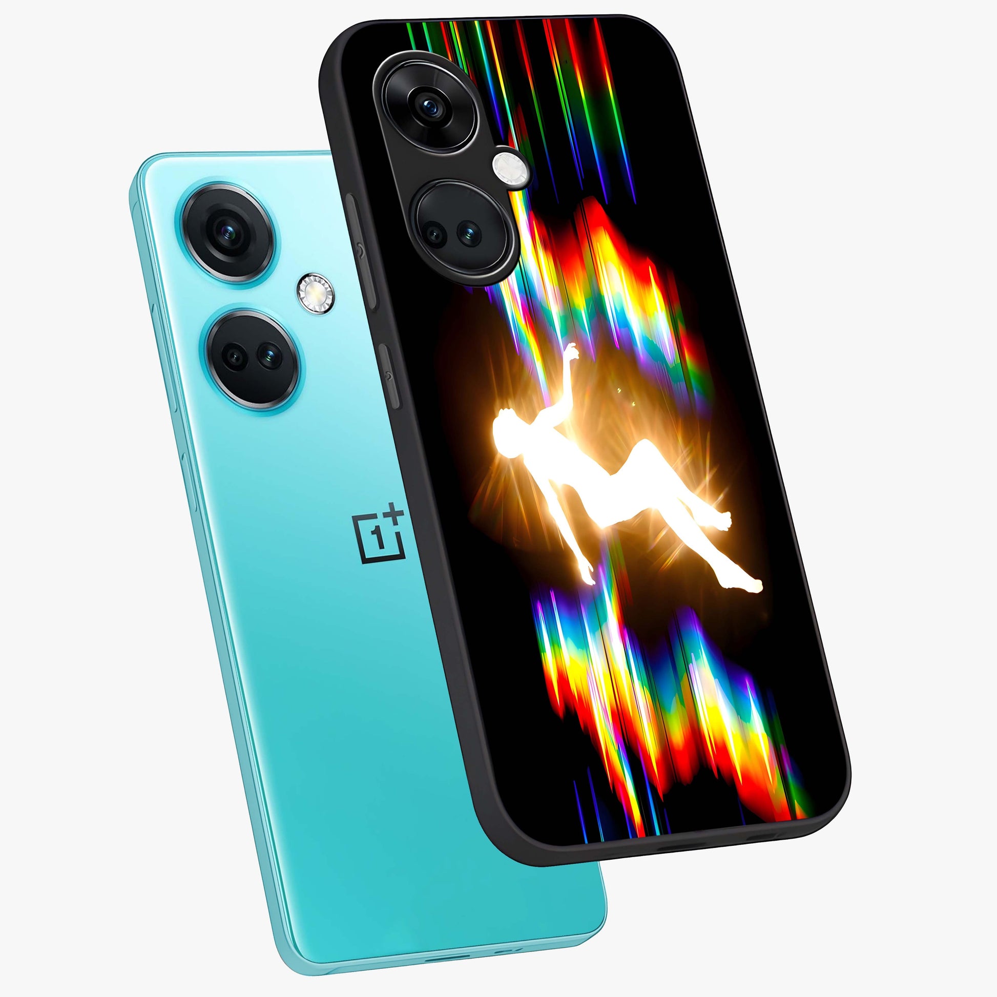 Soul in Spectrum Glass Case for 1+Nord Ce 3 angled mockup showcasing glossy finish and vibrant gradient detailing