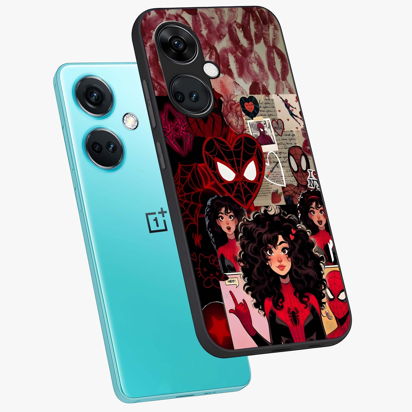 Spider Love Story Glass Case for 1+Nord CE 3 angled mockup showcasing glossy finish and vibrant comic style detailing
