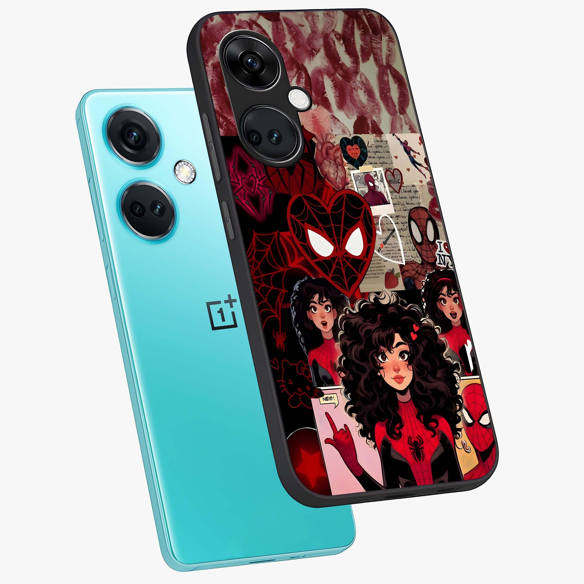 Spider Love Story Glass Case for 1+Nord CE 3 angled mockup showcasing glossy finish and vibrant comic style detailing