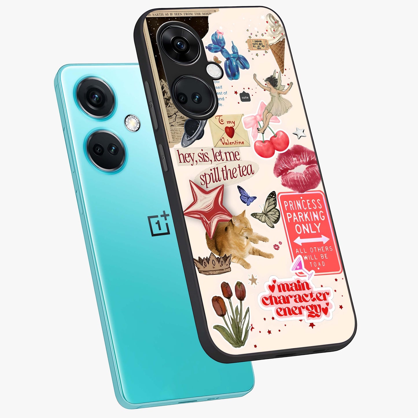 Spill the Tea Retro Collage Glass Case for 1+Nord CE 3 angled mockup showcasing glossy finish and bold retro detailing