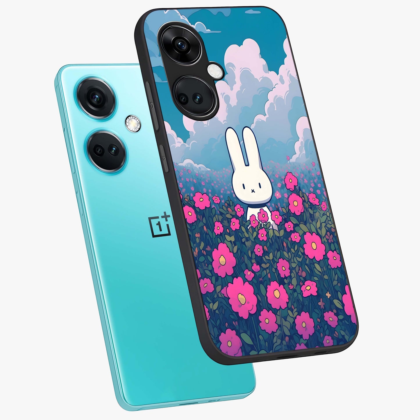 Springtime Blossom Bunny Glass Case for 1+Nord CE 3 angled mockup showcasing glossy finish and soft pastel tones