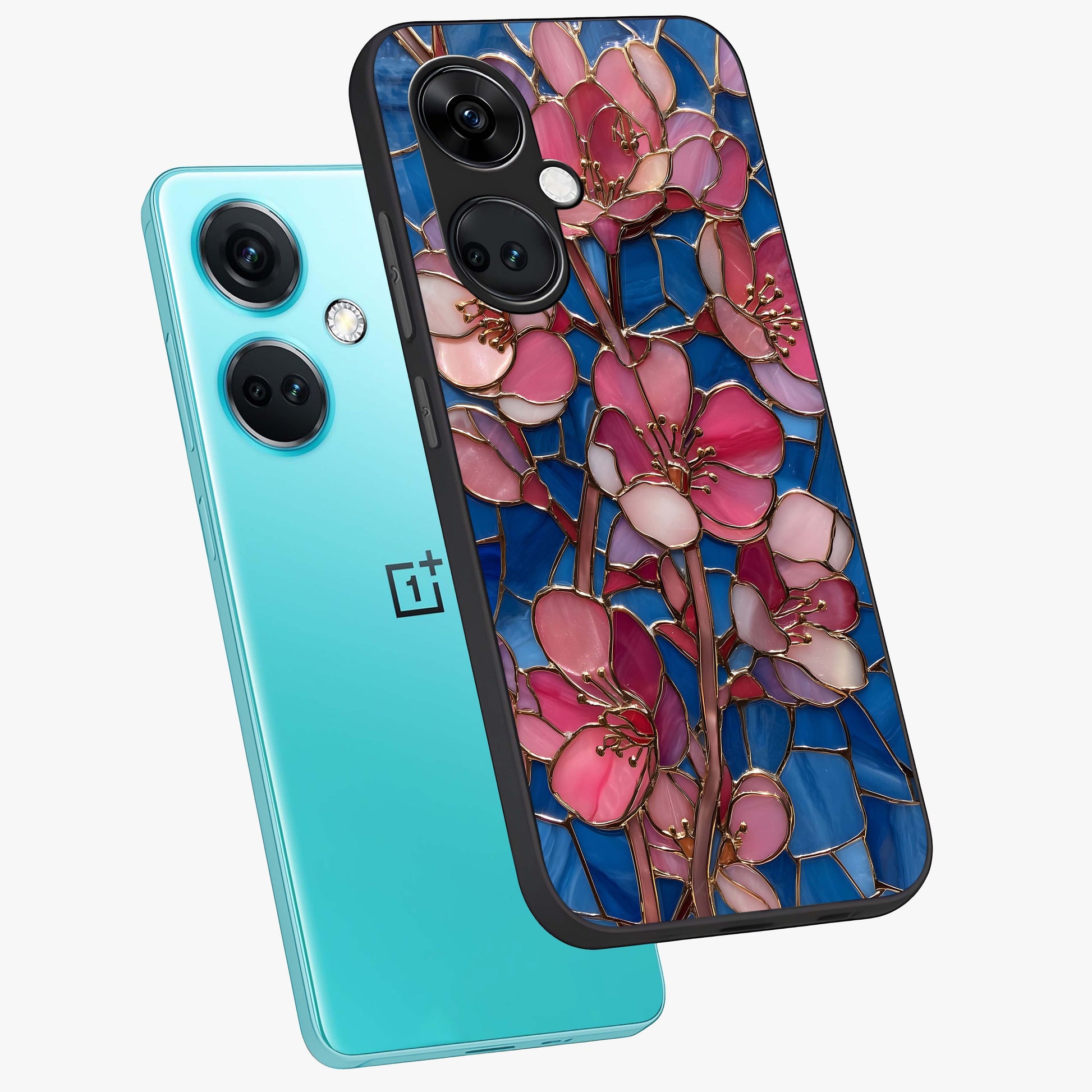 Stained Bloom Grace Glass Case for 1+Nord CE 3 angled mockup showcasing glossy finish and vibrant mosaic tones