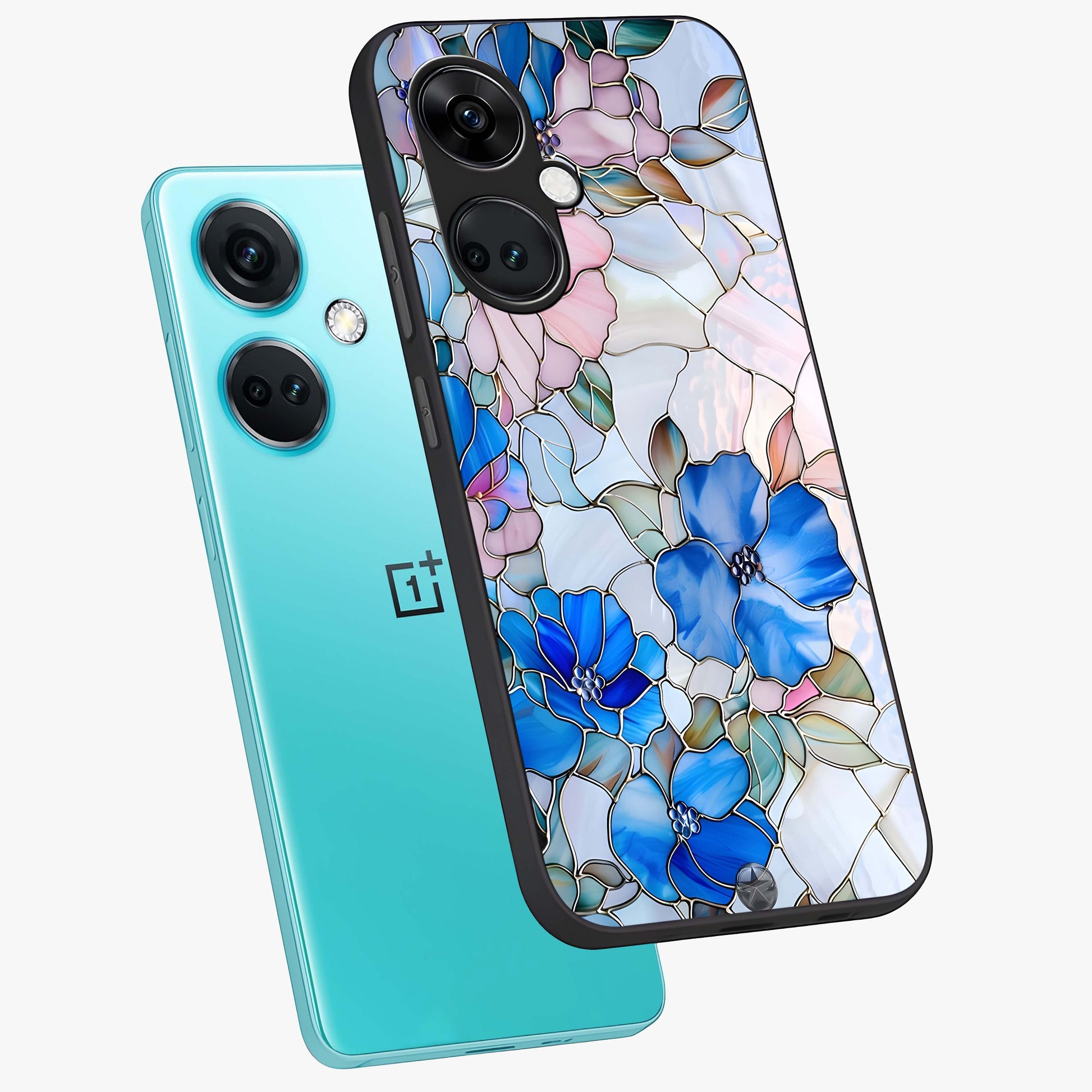 Stained Blue Floral Glass Case for 1+Nord Ce 3 angled mockup showcasing glossy glass finish and rich sapphire tones