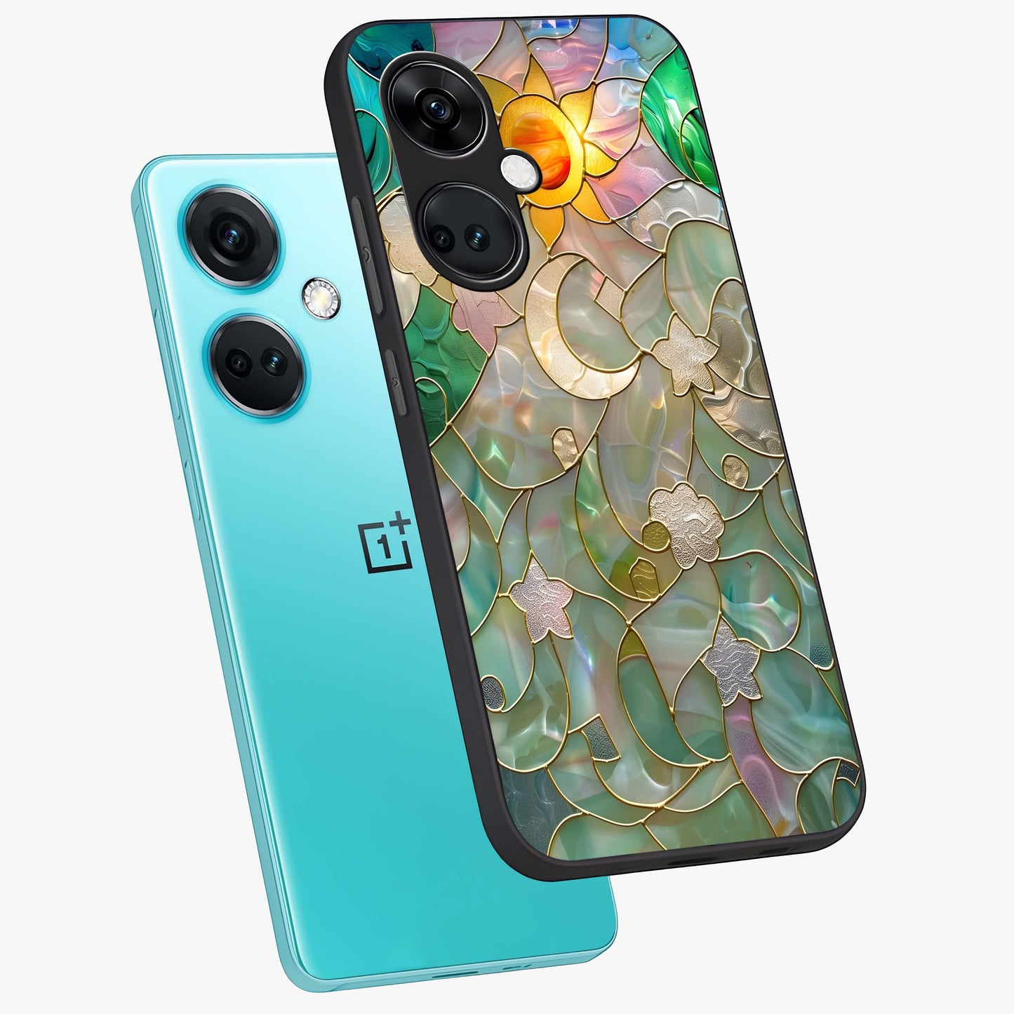 Stained Sunrise Glow Glass Case for 1+Nord CE 3 angled mockup showcasing glossy finish and warm golden gradients
