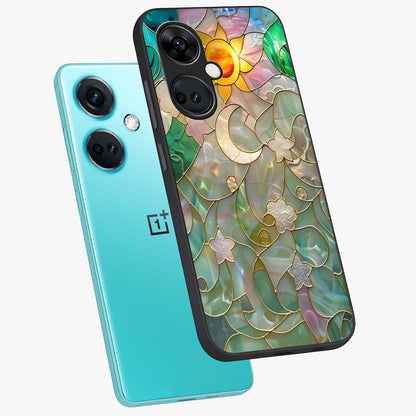 Stained Sunrise Glow Glass Case for 1+Nord CE 3 angled mockup showcasing glossy finish and warm golden gradients