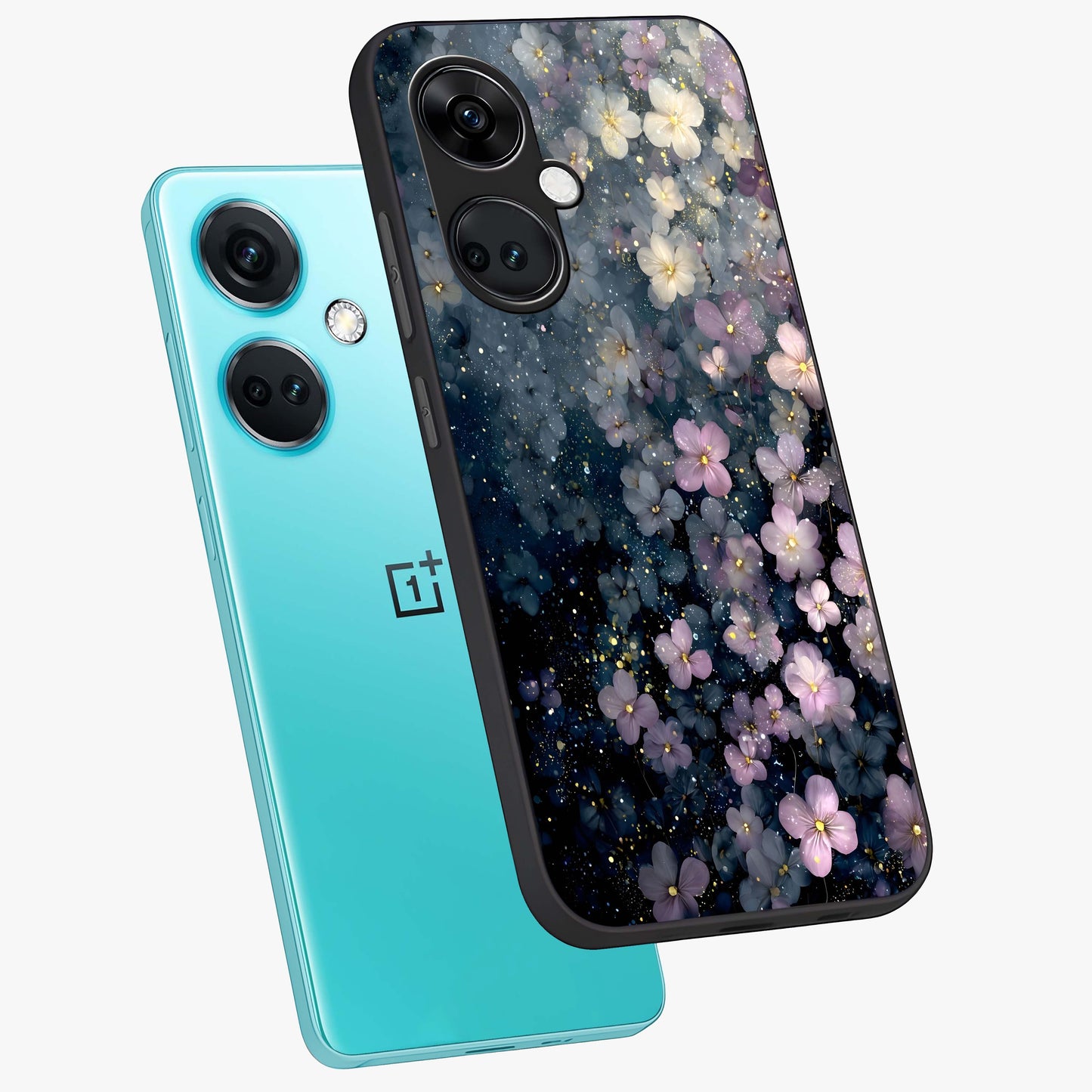 Starlit Blossom Dreams Glass Case for 1+Nord CE 3 angled mockup showcasing glossy finish and soft celestial detailing
