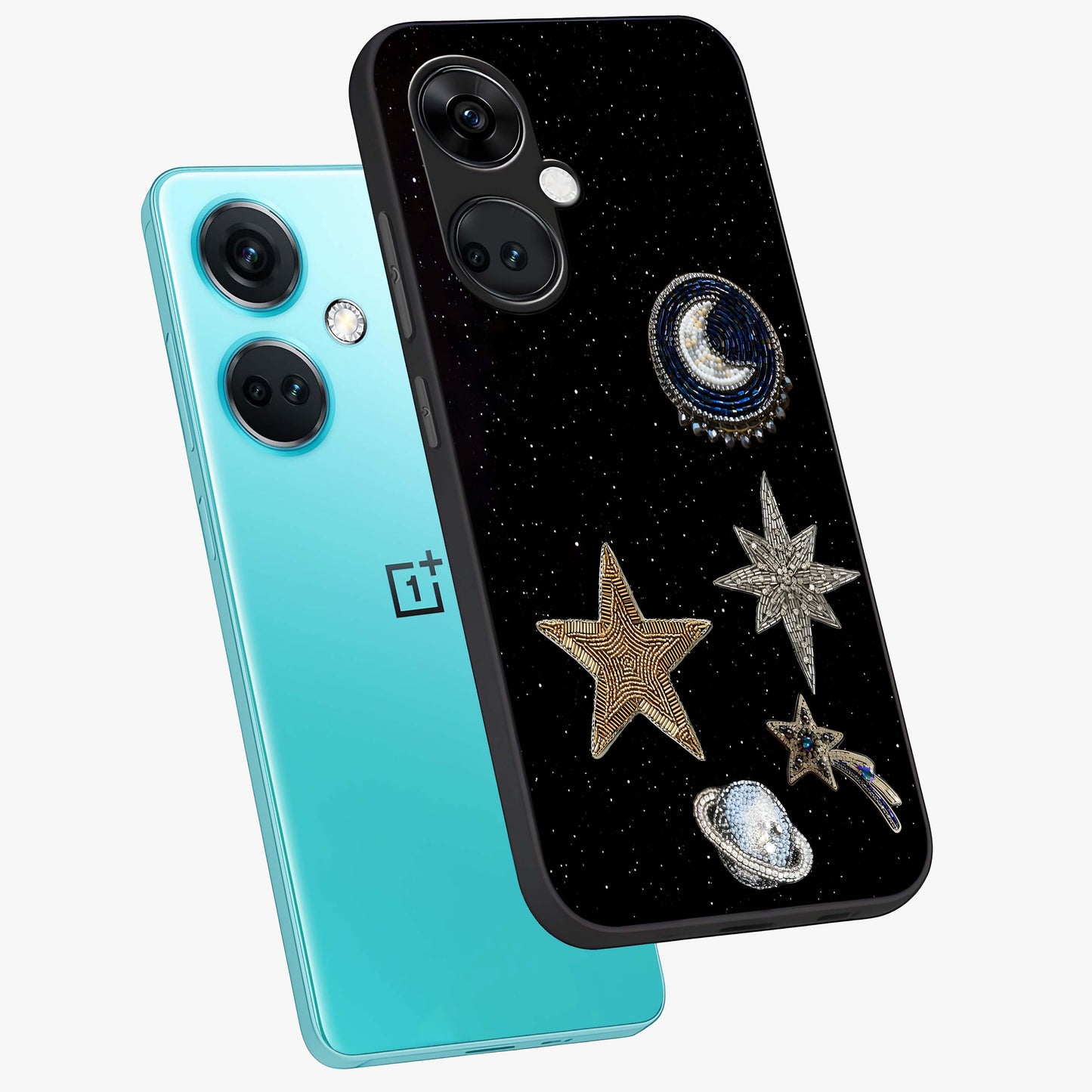 Starlit Cosmic Dreams Glass Case for 1+Nord CE 3 angled mockup showcasing glossy finish and deep space gradients