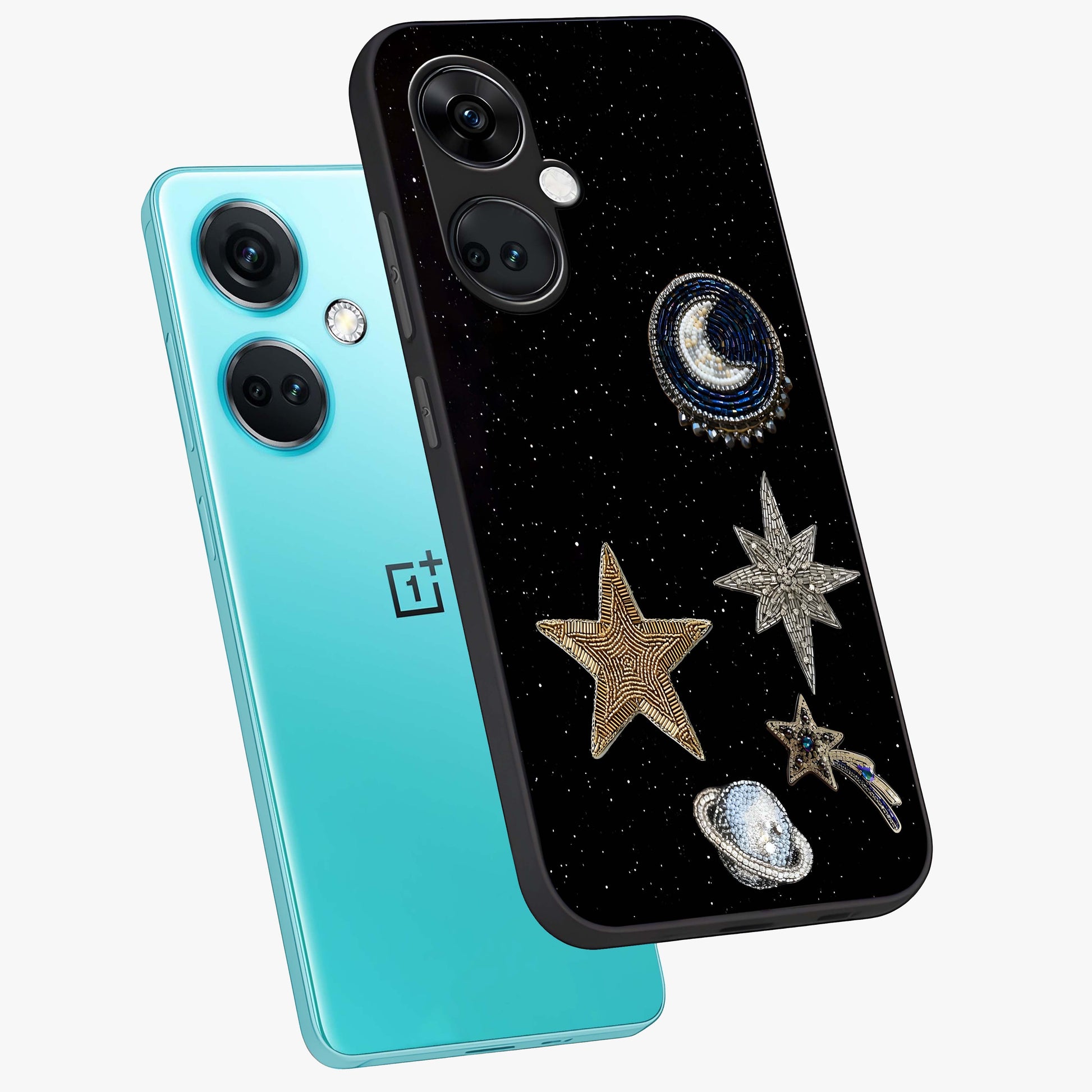 Starlit Cosmic Dreams Glass Case for 1+Nord CE 3 angled mockup showcasing glossy finish and deep space gradients