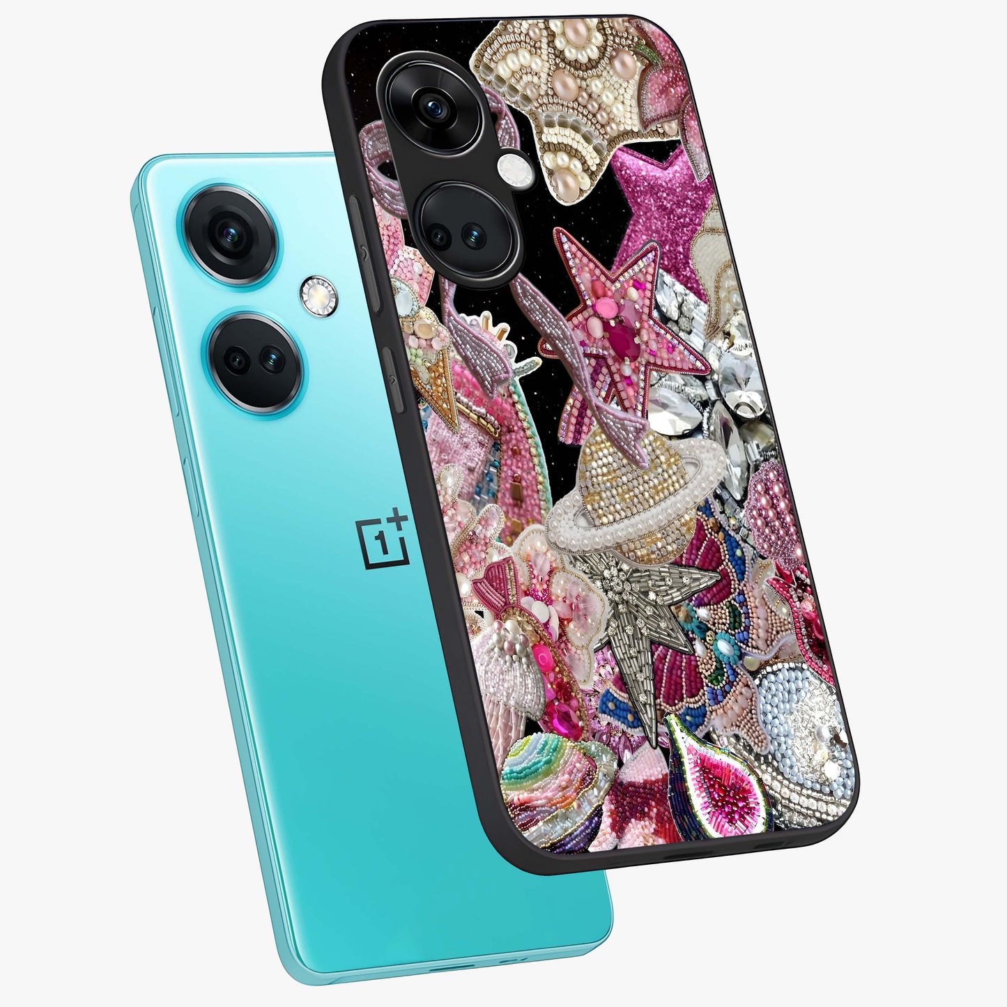 Starlit Jewel Dream Glass Case for 1+Nord Ce 3 angled mockup showcasing glossy finish and radiant detailing