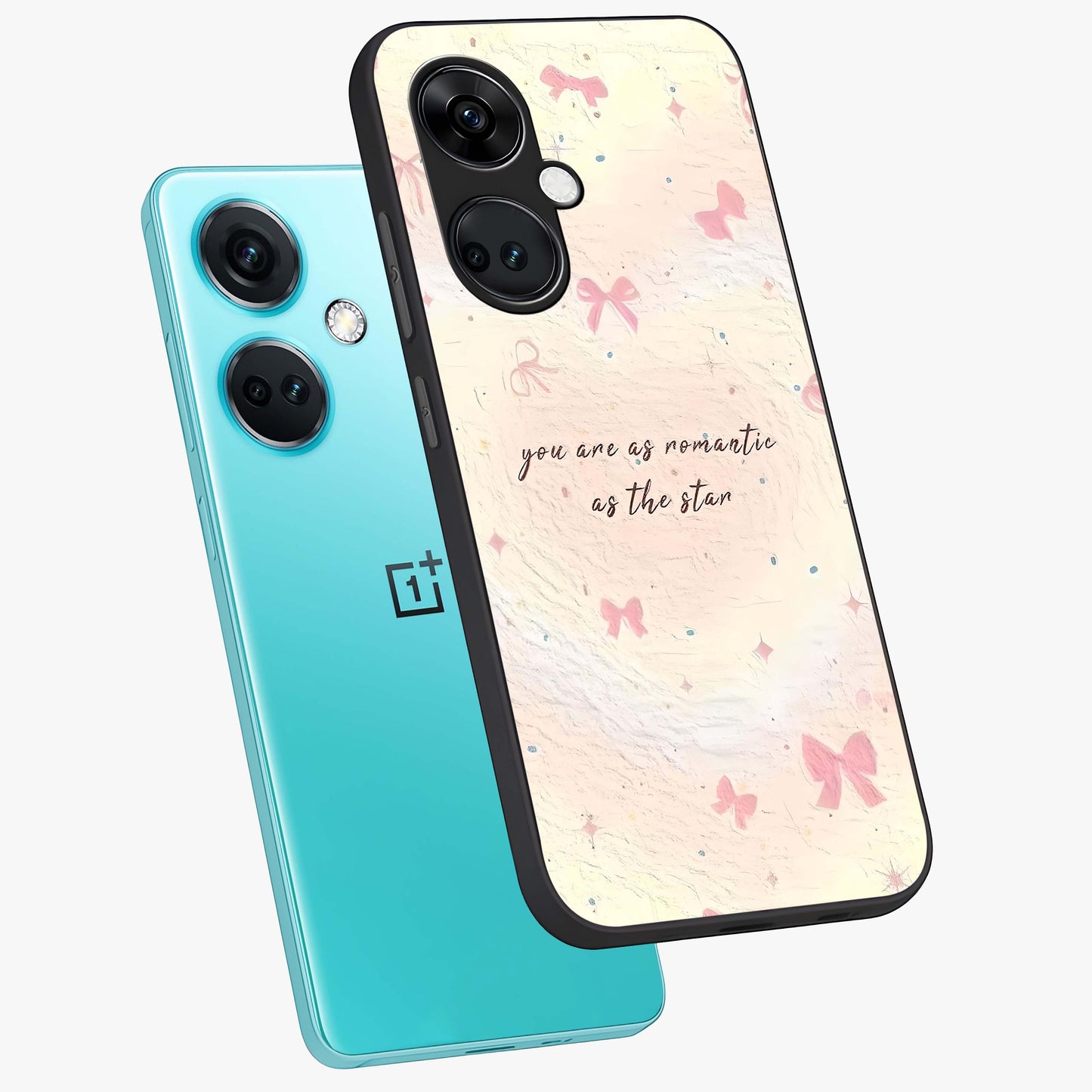 Starry Bow Romance Glass Case for 1+Nord CE 3 angled mockup showcasing glossy finish and soft dreamy tones