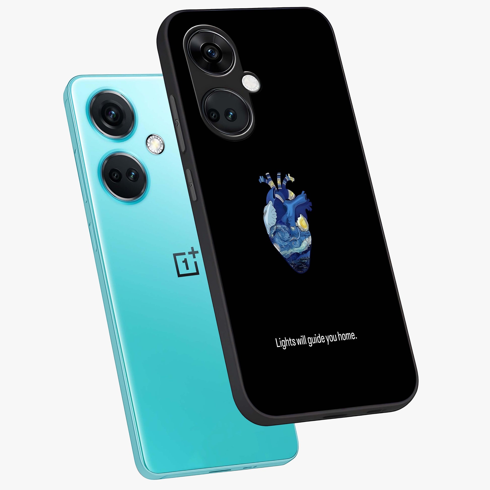 Starry Heart Compass Glass Case for 1+Nord Ce 3 angled mockup showcasing glossy finish and celestial gradient tones