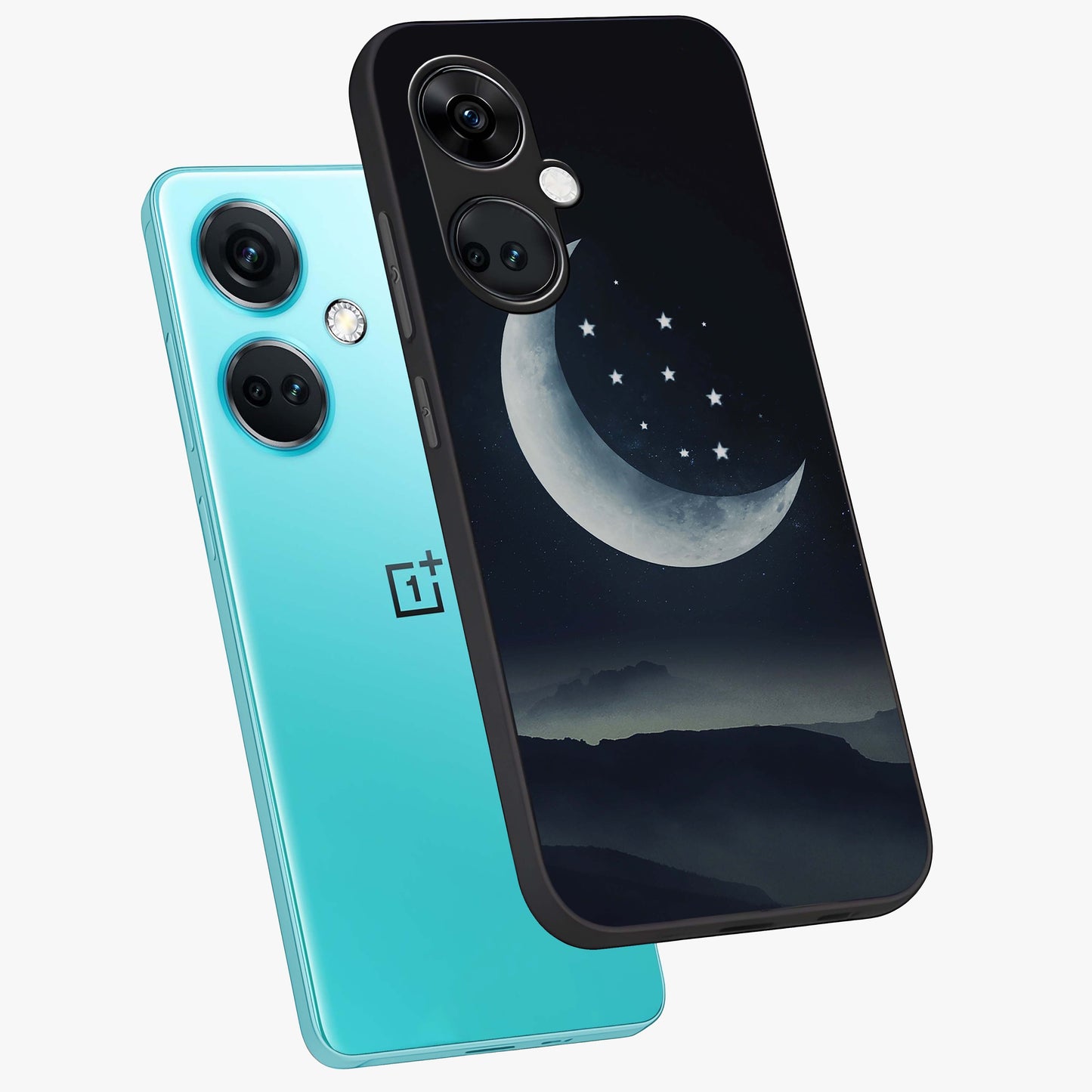 Starry Moon Pattern Glass Case for 1+Nord Ce 3 angled mockup showcasing glossy glass finish and deep night tones